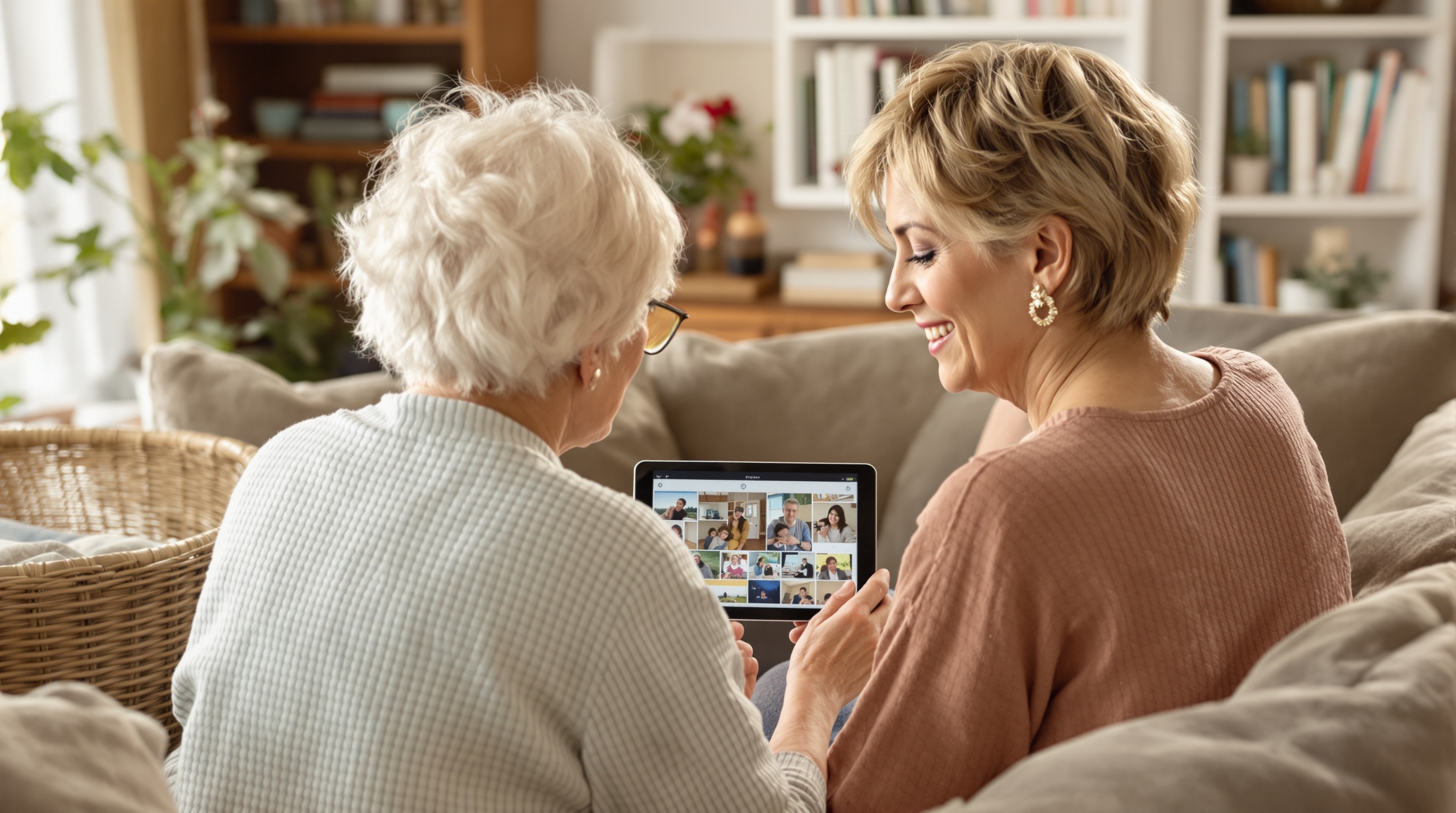 An extended family gathered around a tablet viewing old digitized photographs together
