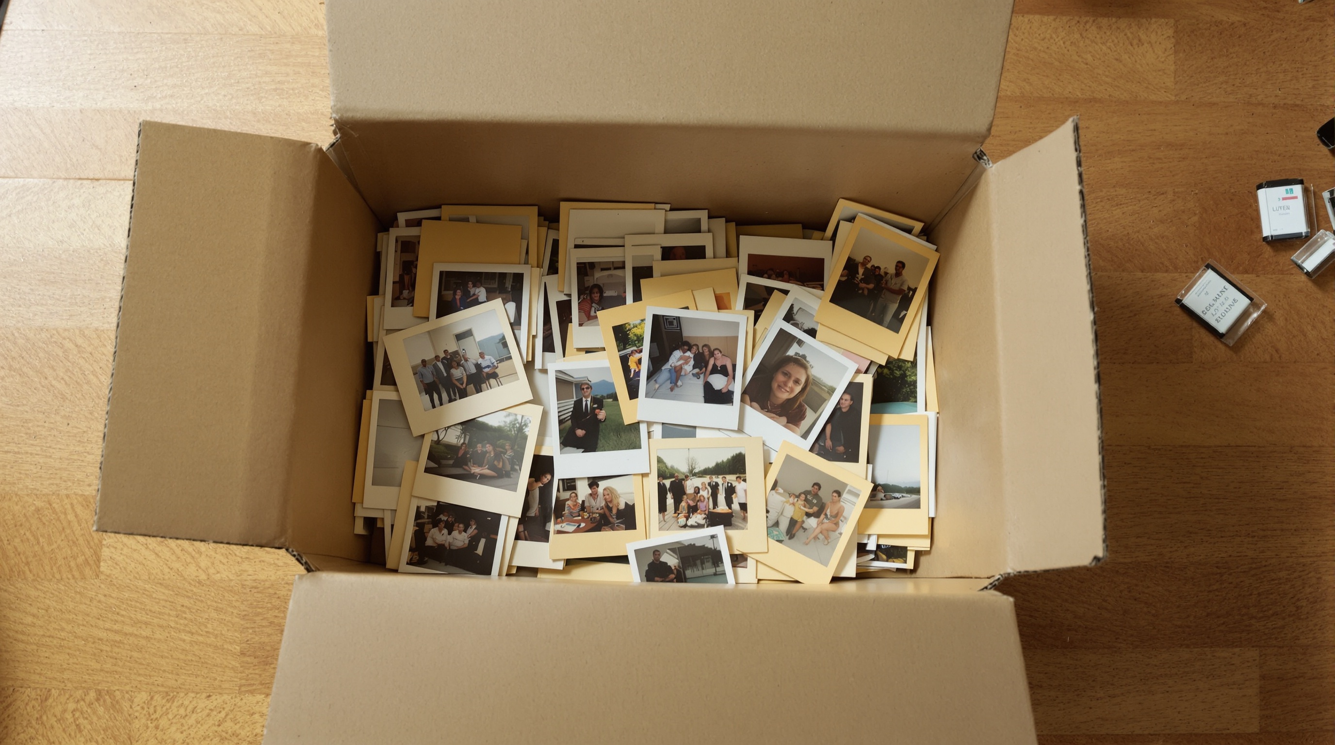 Old printed photographs spread across a wooden table next to a flatbed scanner and a cup of coffee