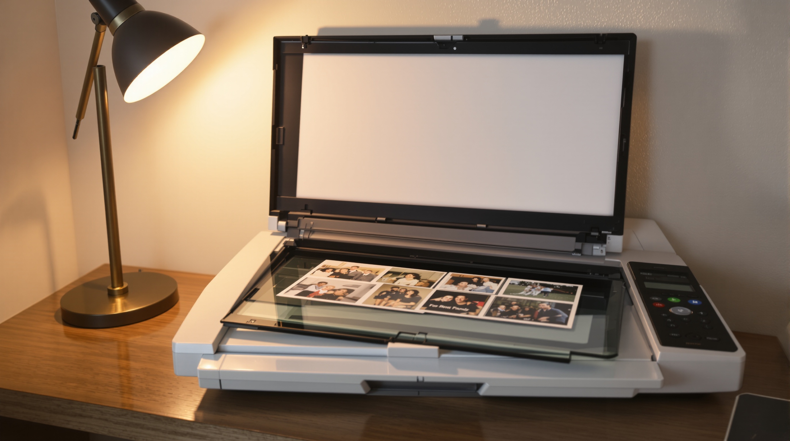 A person carefully placing a vintage color photograph onto a flatbed scanner in a well-lit home office