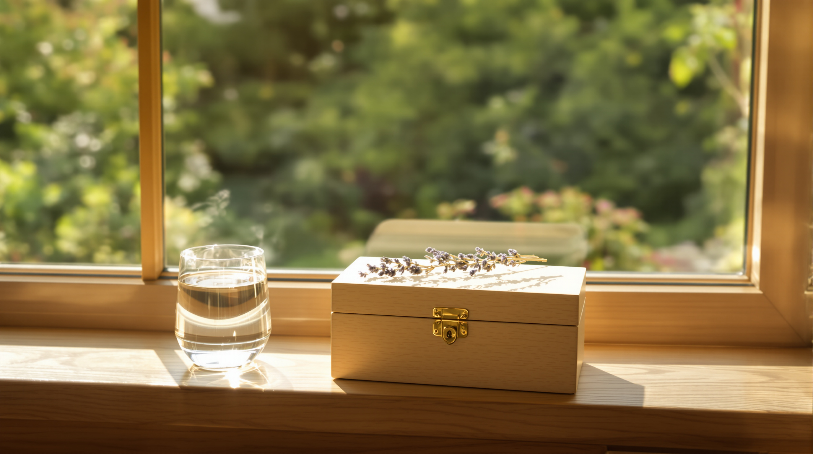 A closed wooden keepsake box with a sprig of lavender on a sunny windowsill