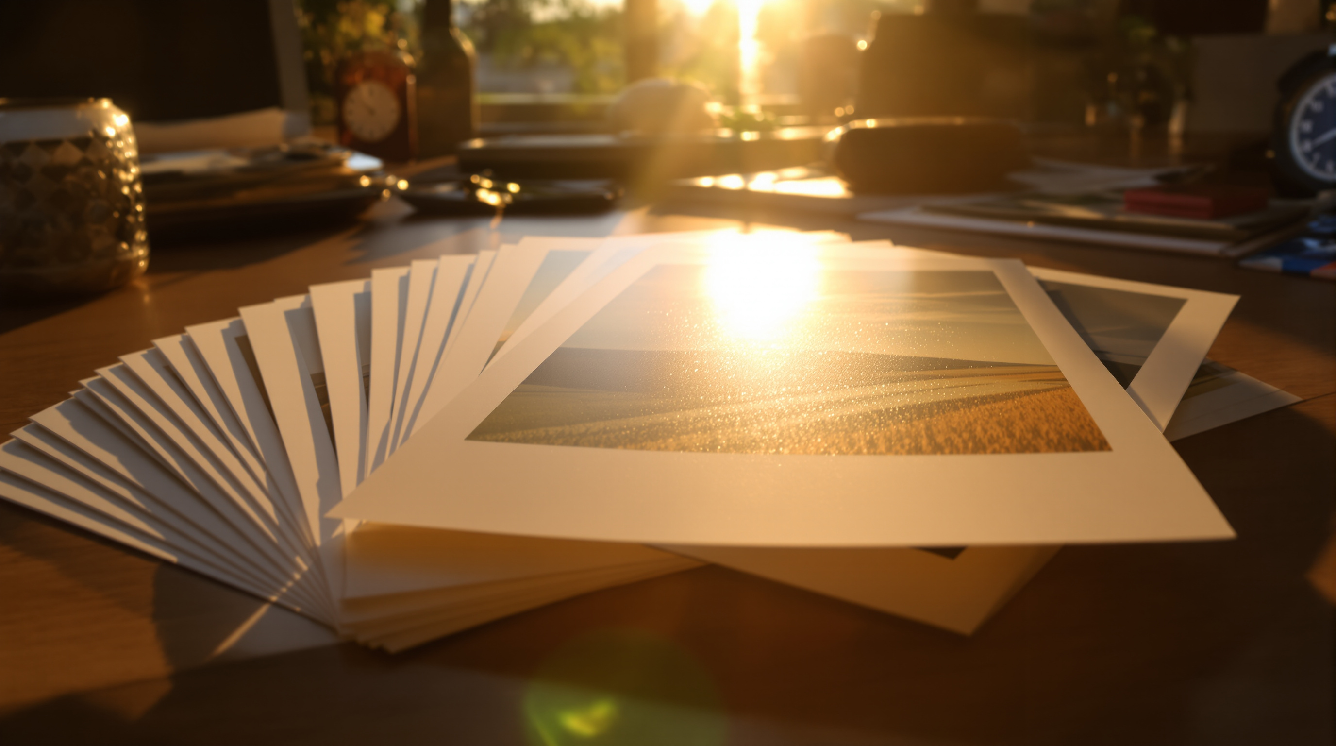 A fan of photographic prints spread across a warm oak desk in golden-hour window light