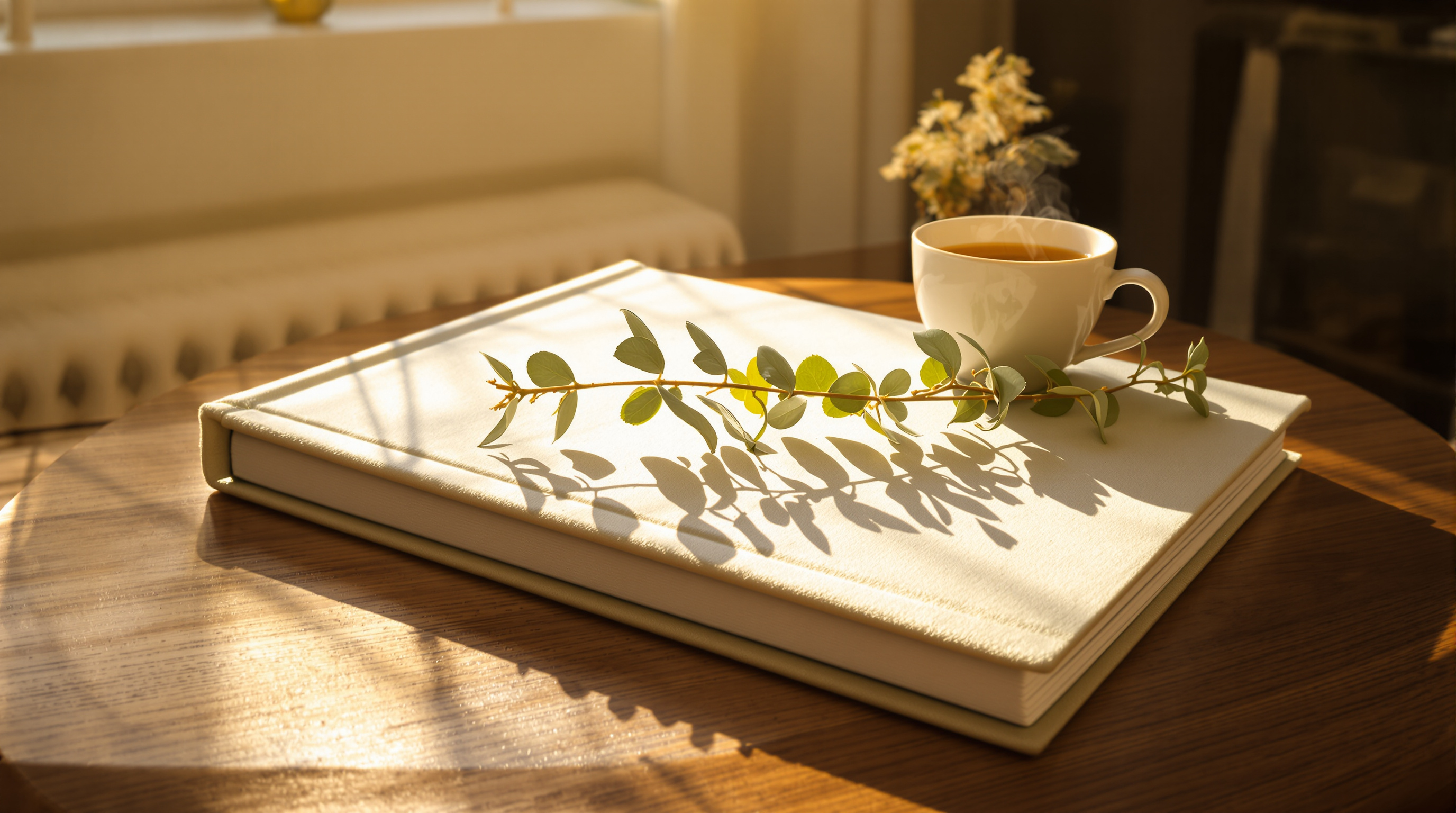 A closed cloth-bound photo album on a walnut table beside a cup of tea in golden-hour light, with a sprig of eucalyptus resting on the cover