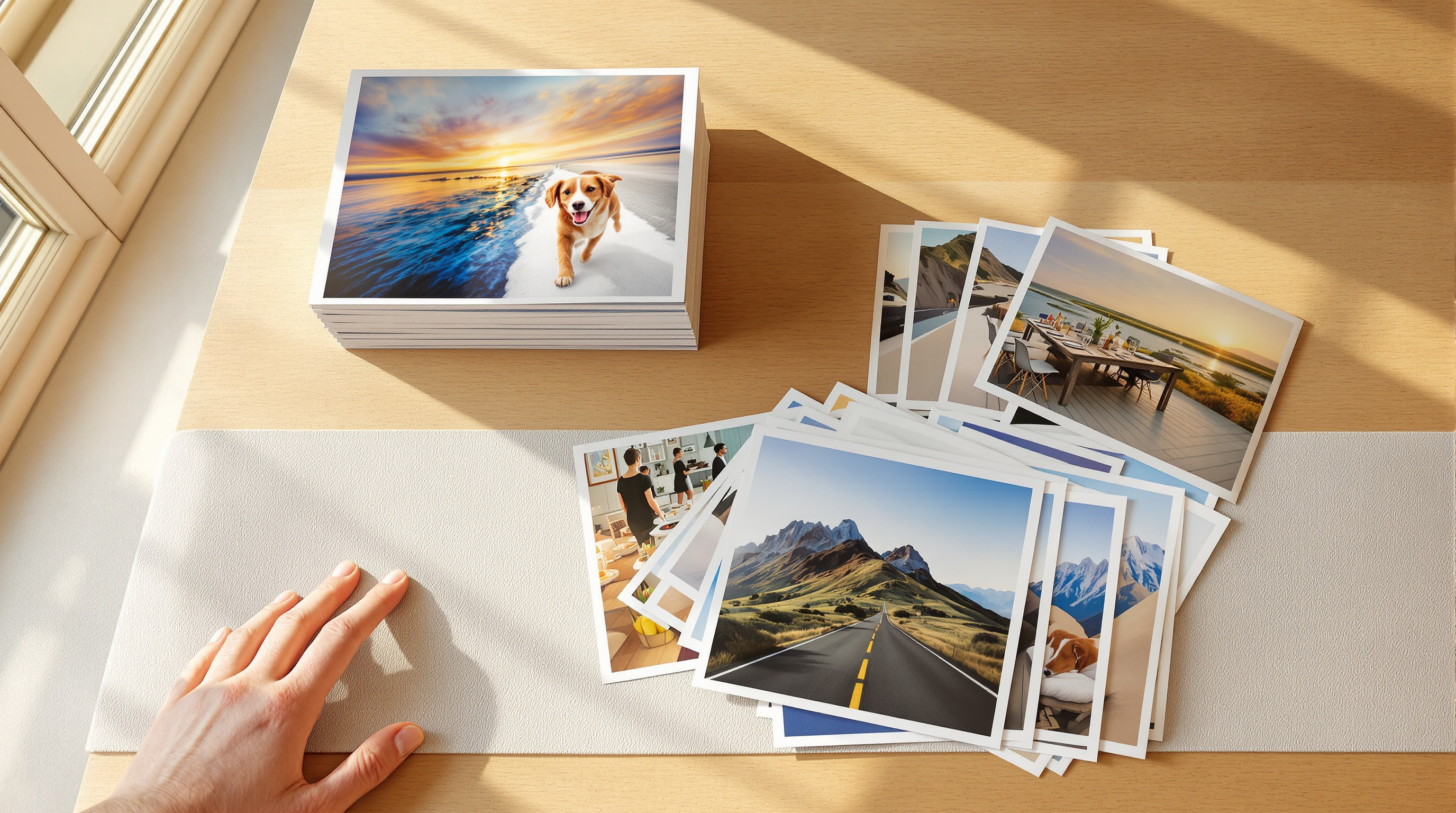 A thick stack of photographic prints beside a dozen loose prints fanned across a pale oak table in warm afternoon window light, one hand resting at their edge