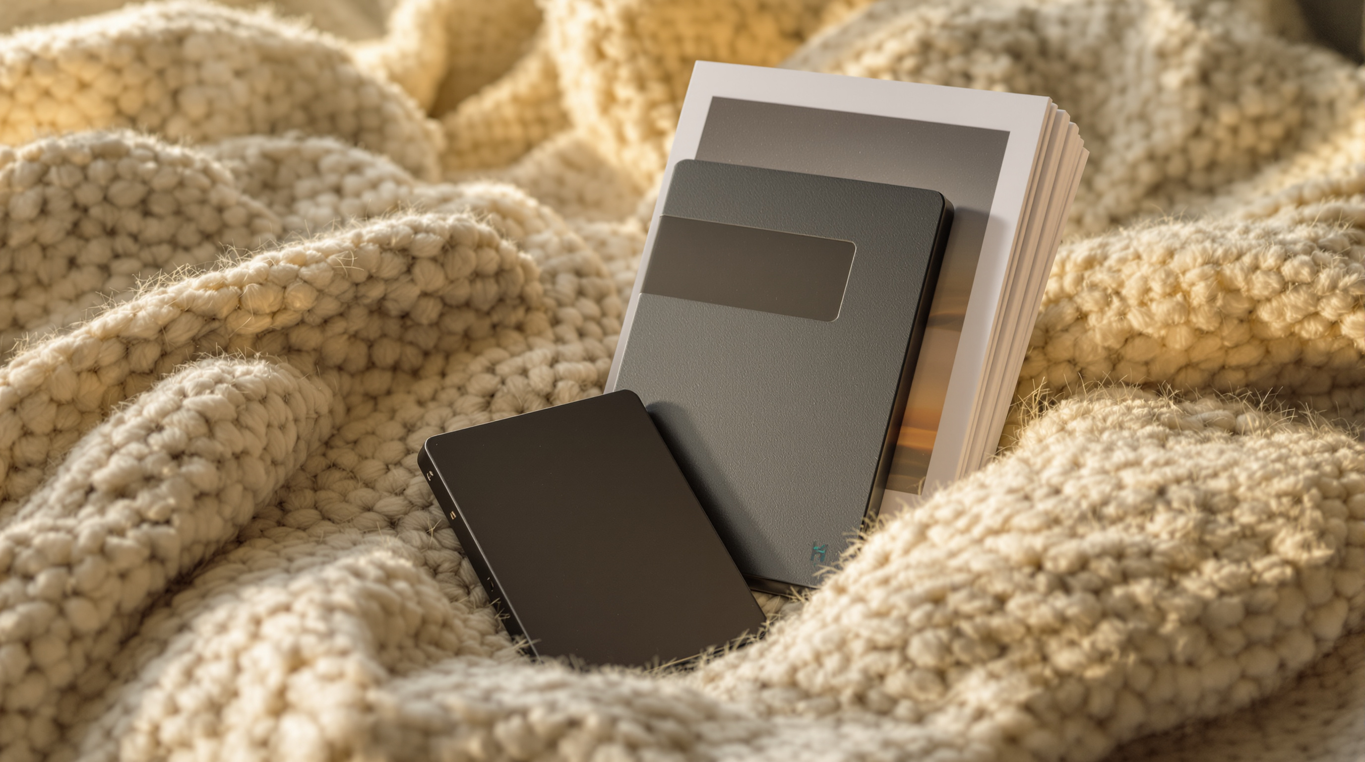 A small portable drive on a folded oatmeal wool blanket with photographic prints leaning against it