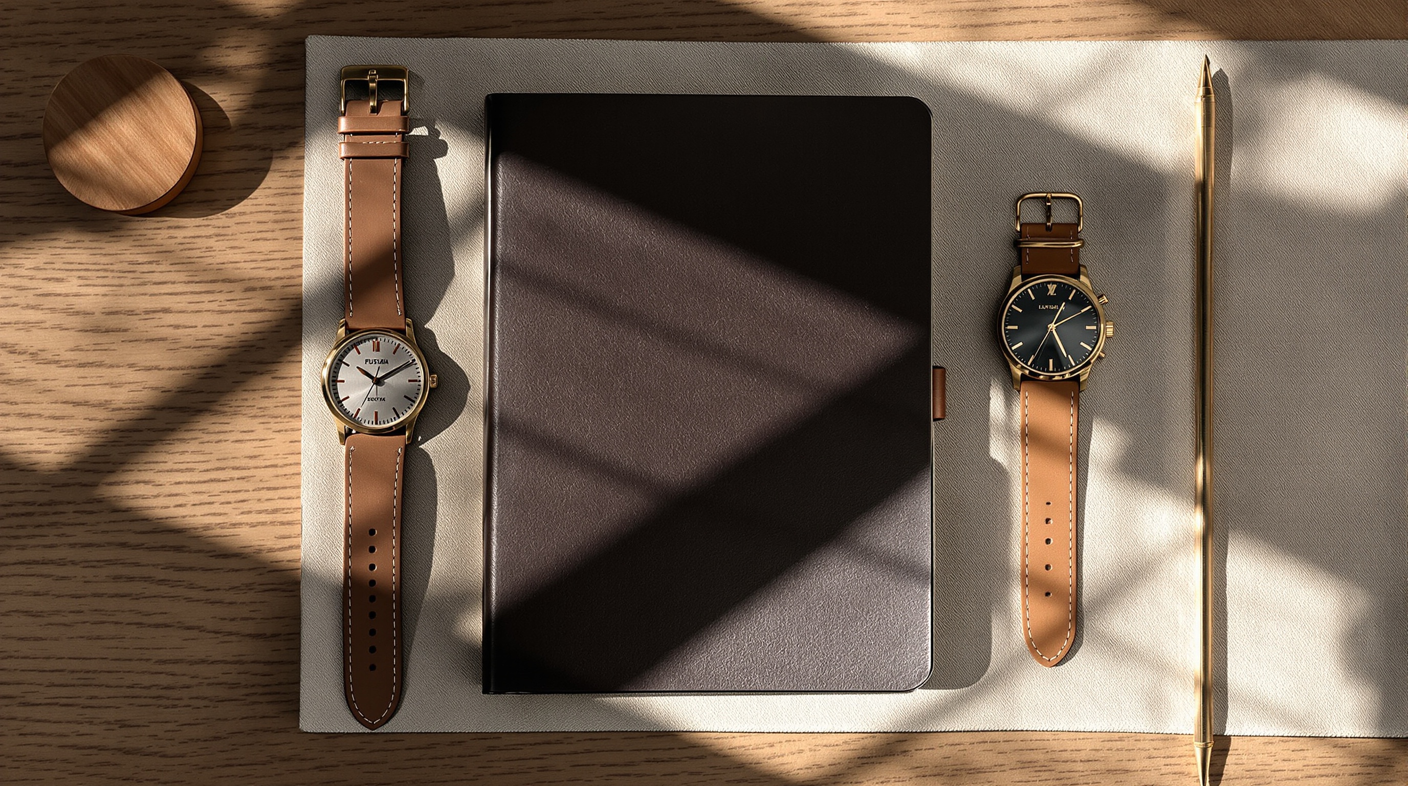 Overhead view of a wooden desk with a leather-bound notebook open, an analog wristwatch, and a small vintage compass arranged on linen
