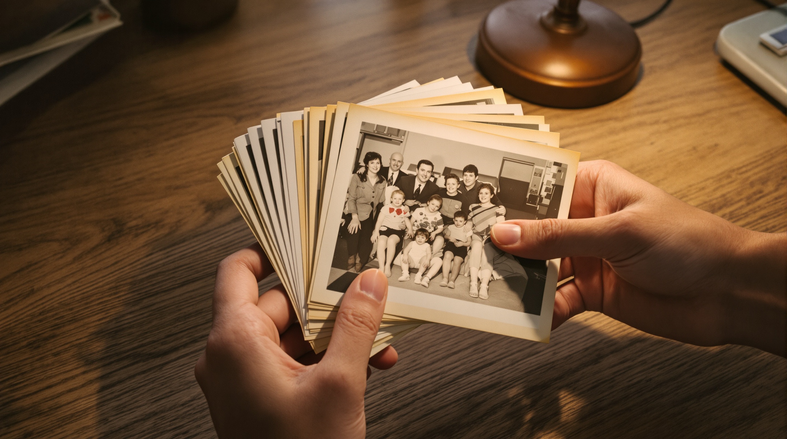 Close-up of hands holding a stack of old printed family photographs on a wooden desk with a notebook nearby