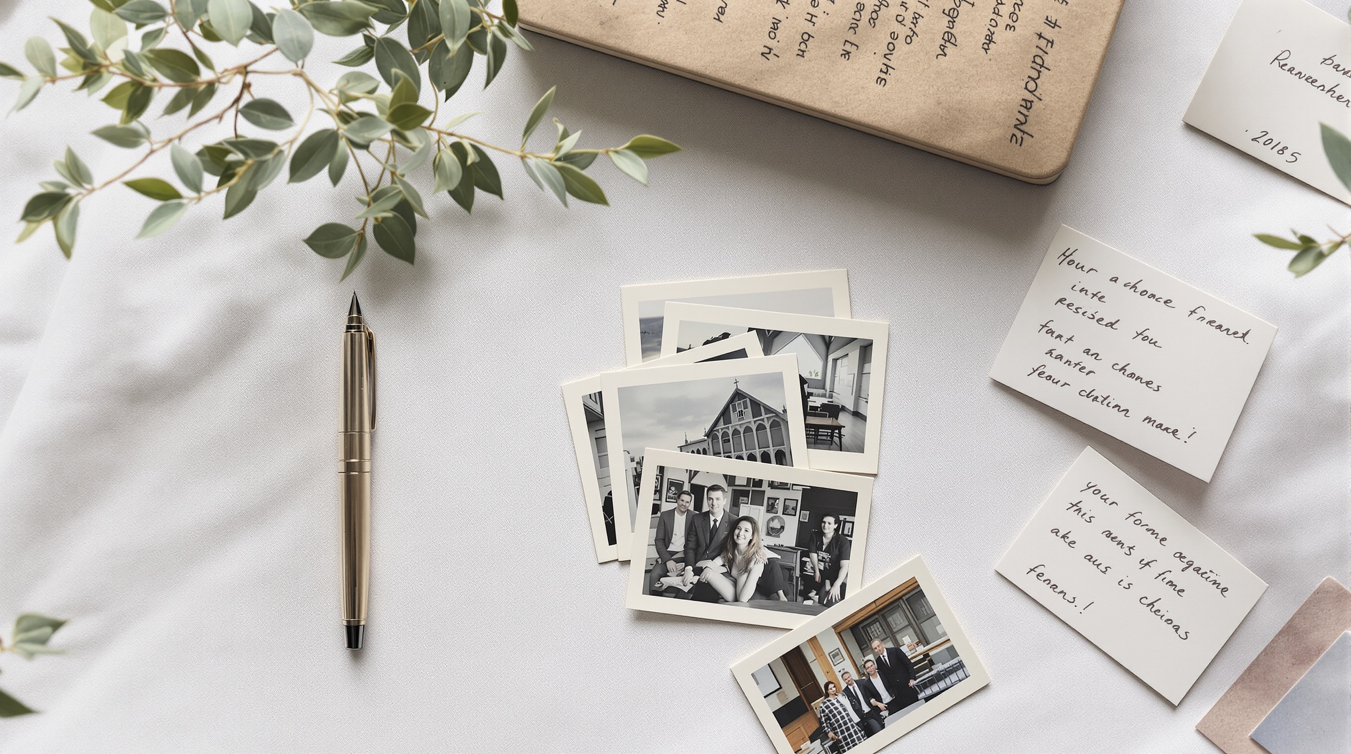 Pile of vintage printed photographs on a white linen surface next to a silver fountain pen and paper notes