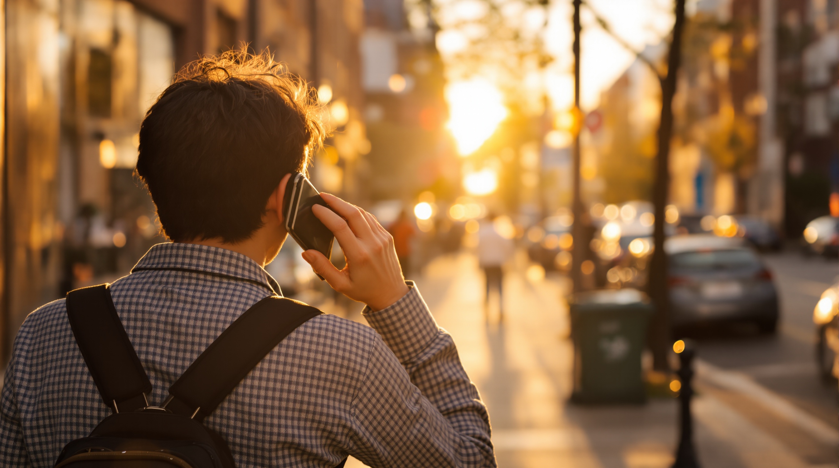 A person walking in a city street holding a phone to their ear seen from behind, golden hour sidelight