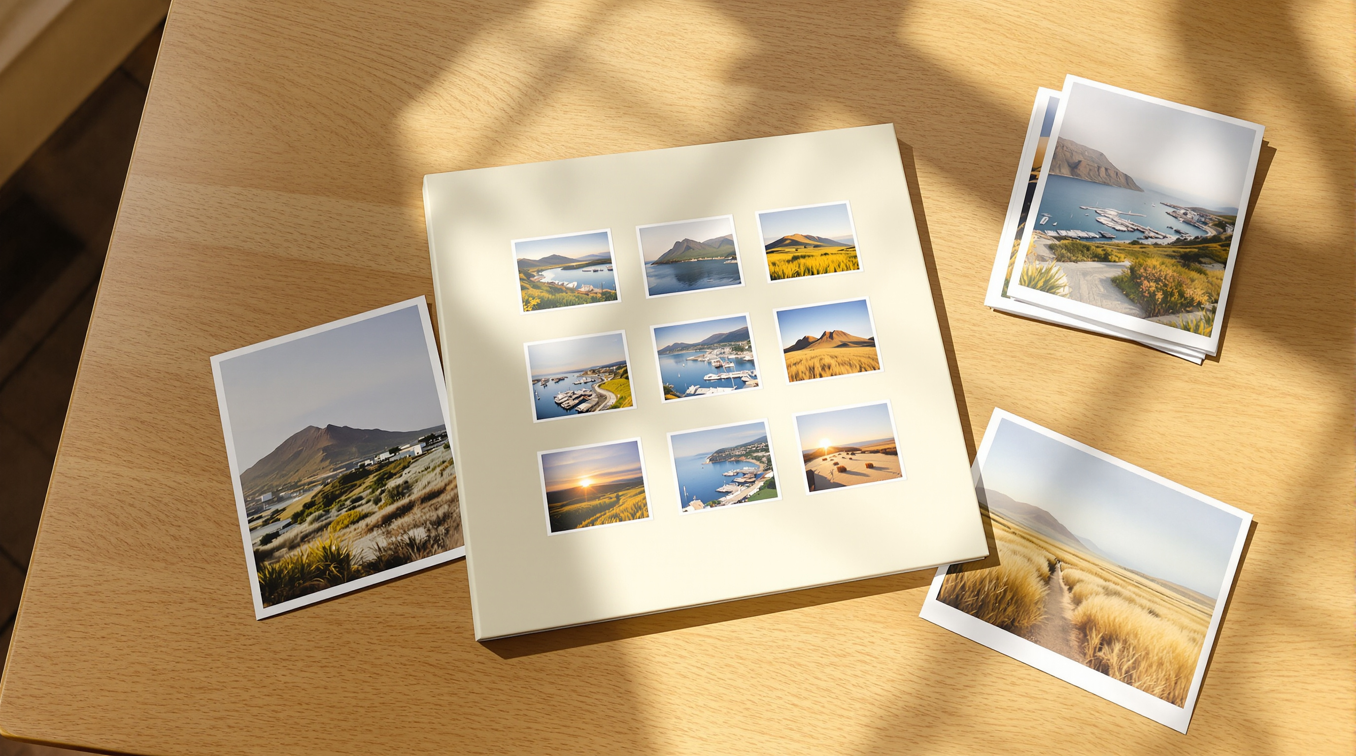 Nine small landscape prints set into the cut windows of a cream card mount on a sunlit oak table, with larger loose prints of the same scenes lying beside it