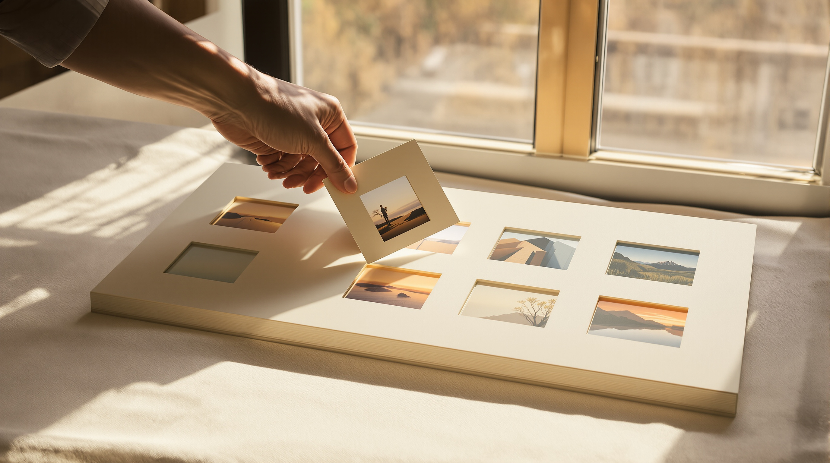 A hand lifting one small framed print out of a cream card mount by a bright window, the other prints left in their cut windows