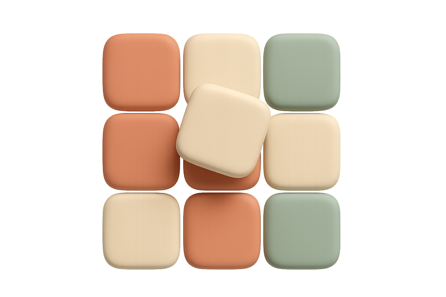 Nine chunky rounded tiles in matte terracotta, cream and sage arranged as a three-by-three grid, the middle one tilted forward and lifted above the others