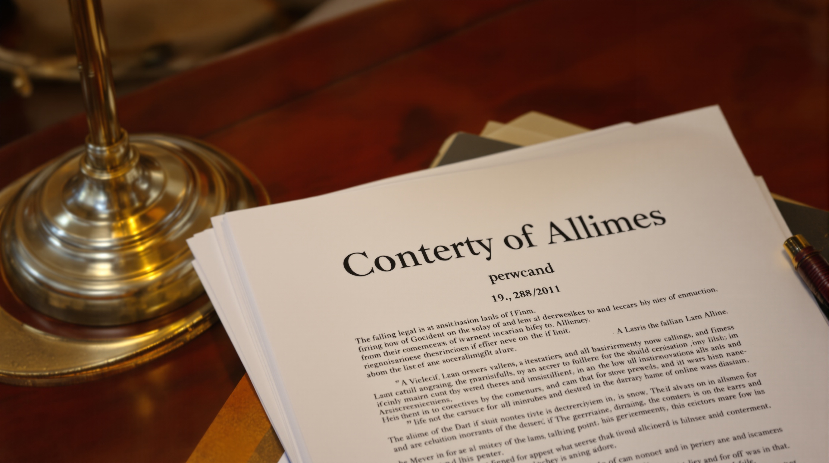 Stack of legal documents on a mahogany desk next to a brass lamp, overhead view, warm lighting, representing the legislative framework of the EU AI Act deepfake ban