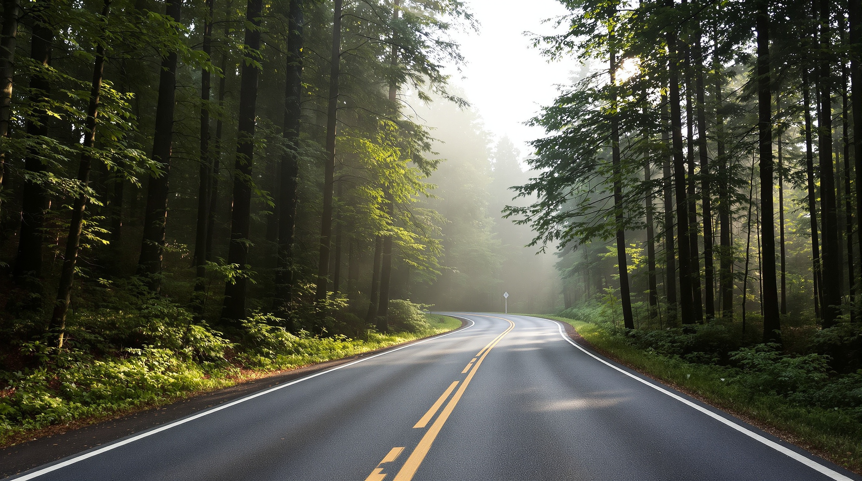 An empty winding road through a dense forest with dappled morning sunlight
