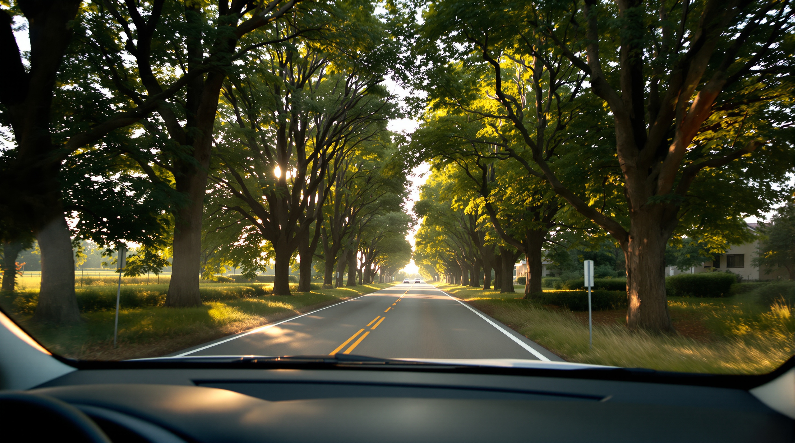 A quiet country road lined with tall trees seen through a car windshield in warm late-afternoon sun