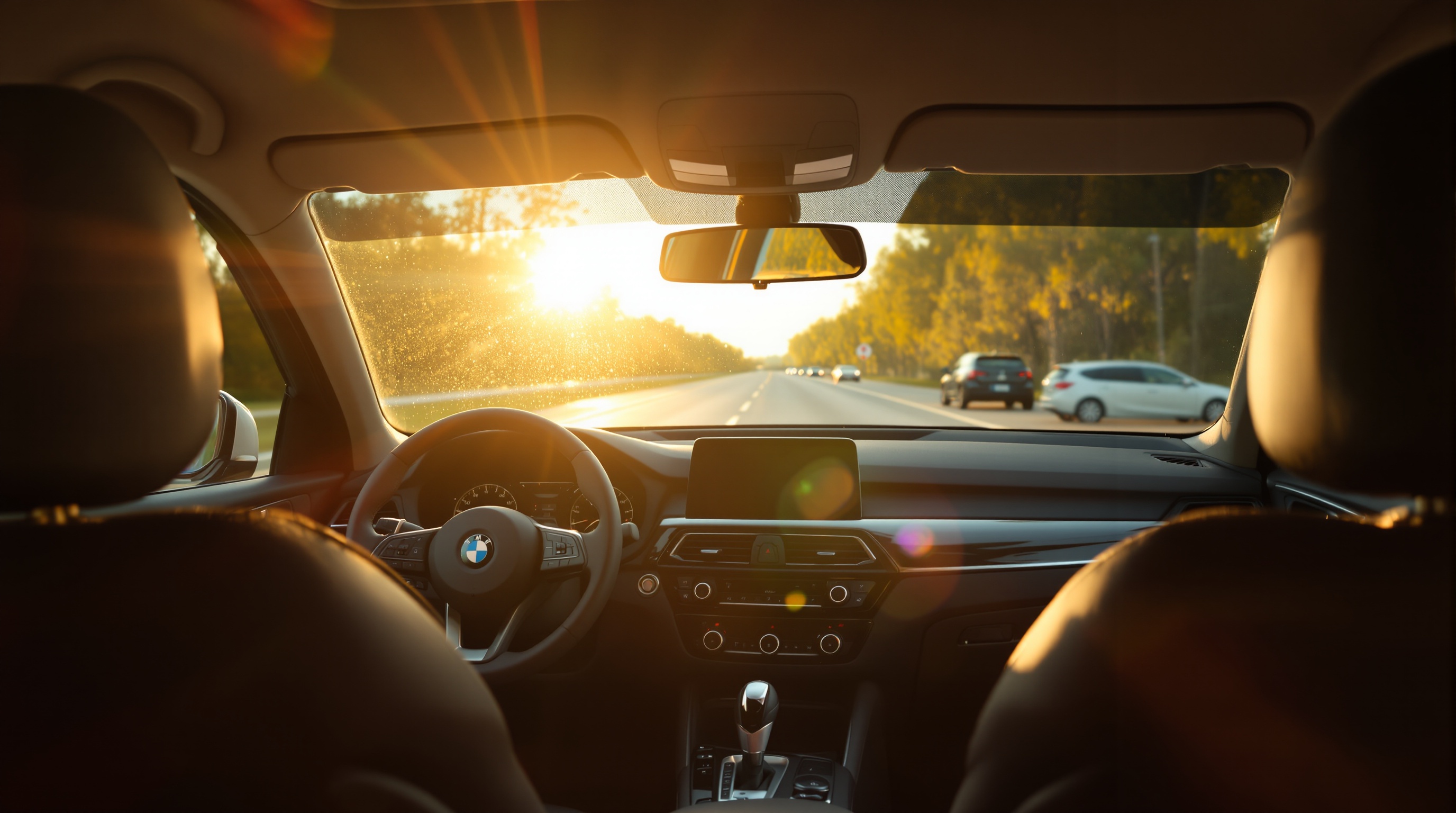 Car dashboard interior seen from the back seat with sunlight streaming through the windshield