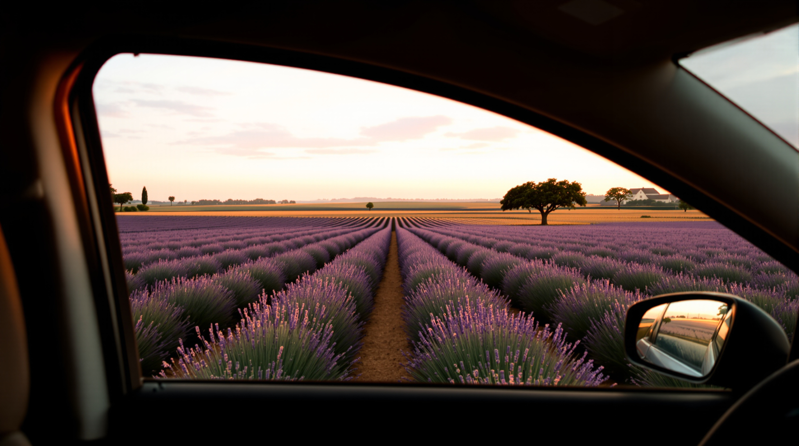 A lavender field and a lone tree at golden hour, seen through the open side window of a parked car