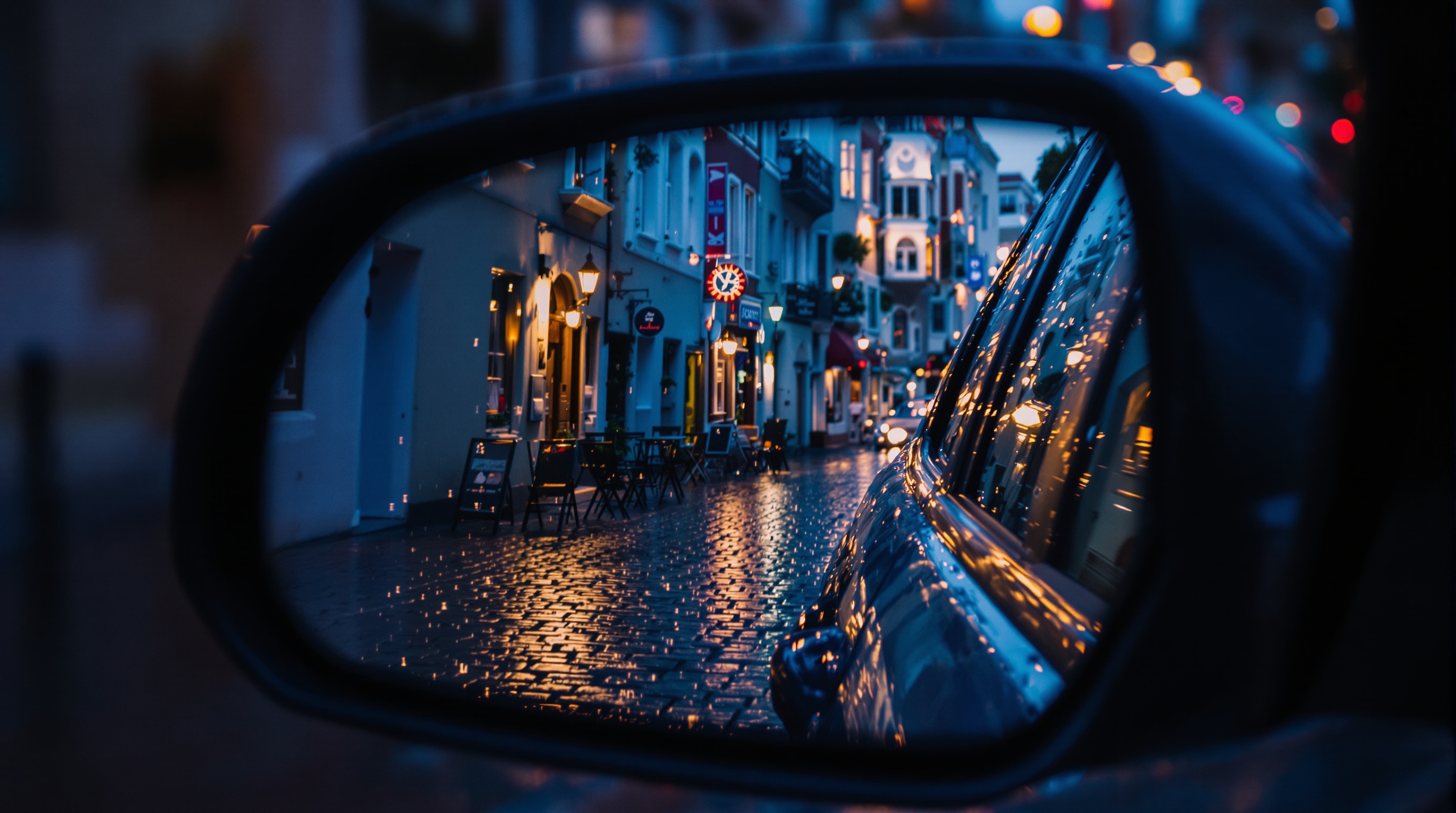 Close-up of a car side mirror reflecting a European city street at dusk
