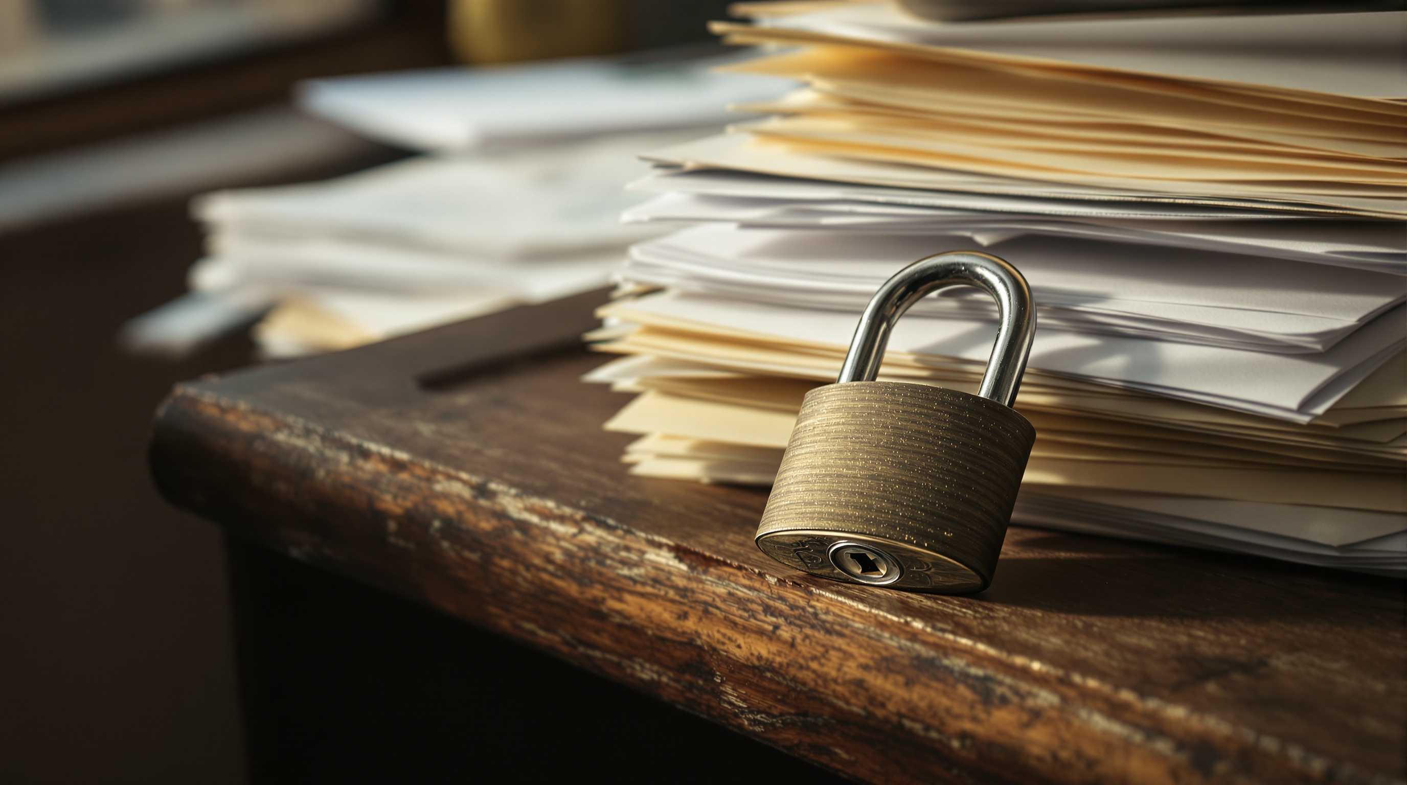 Padlock resting on a wooden desk next to a stack of printed documents, soft window light from the left, warm tones, shot on Canon EOS R6 with 35mm f/1.4, slight film grain