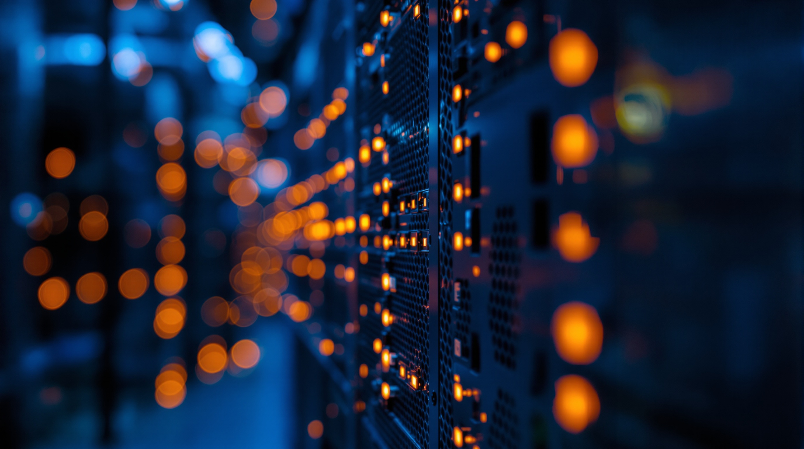 Close-up of server rack cables and blinking status LEDs in a data center, shallow depth of field f/2.0, cool blue ambient light with warm orange indicator lights, shot on Sony A7III with 50mm lens