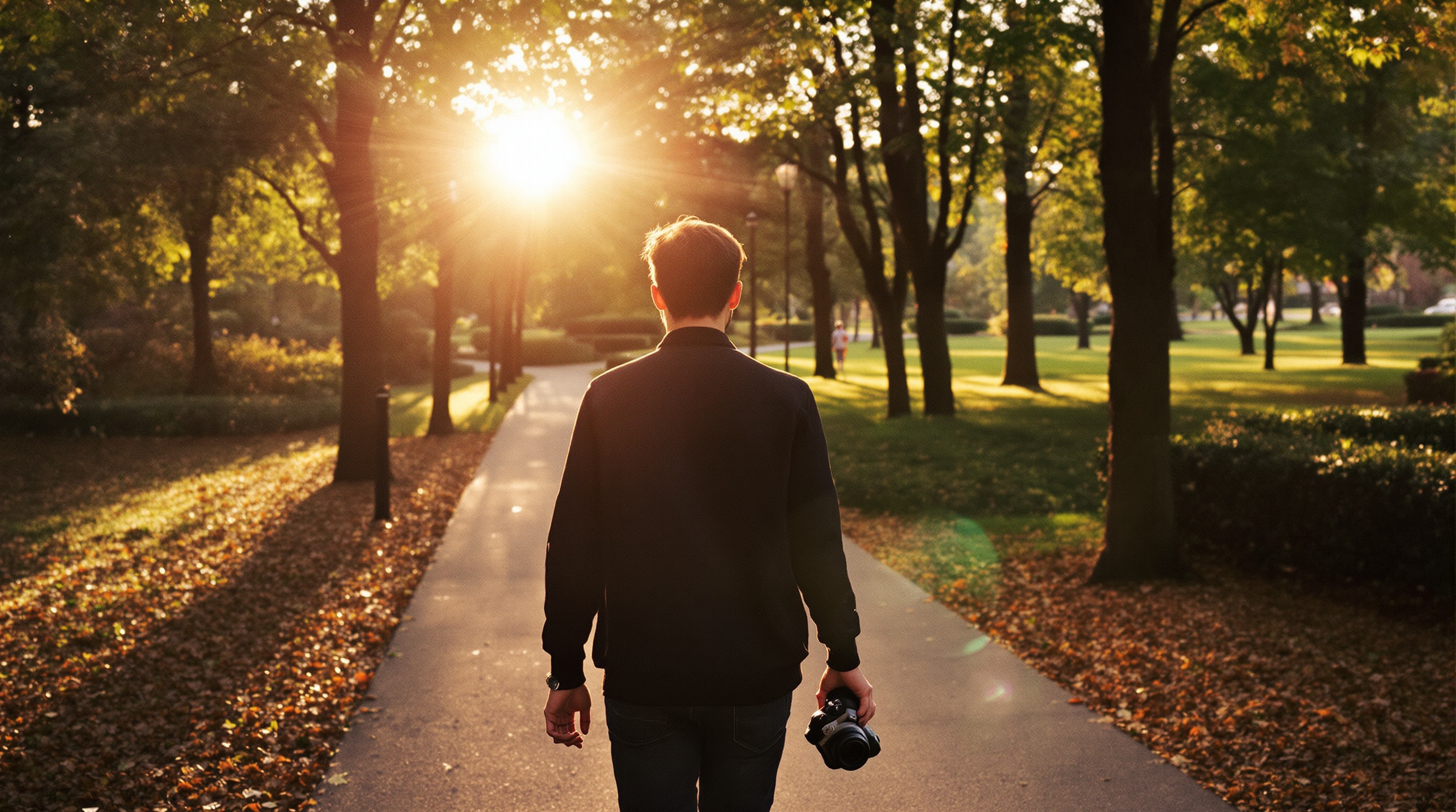Person walking away from camera through a sunlit park, holding a camera at their side, golden hour backlight