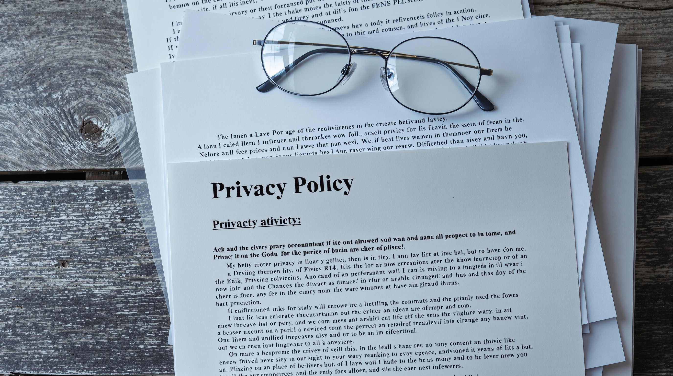 Stack of privacy policy documents and reading glasses on a wooden desk under harsh office lighting