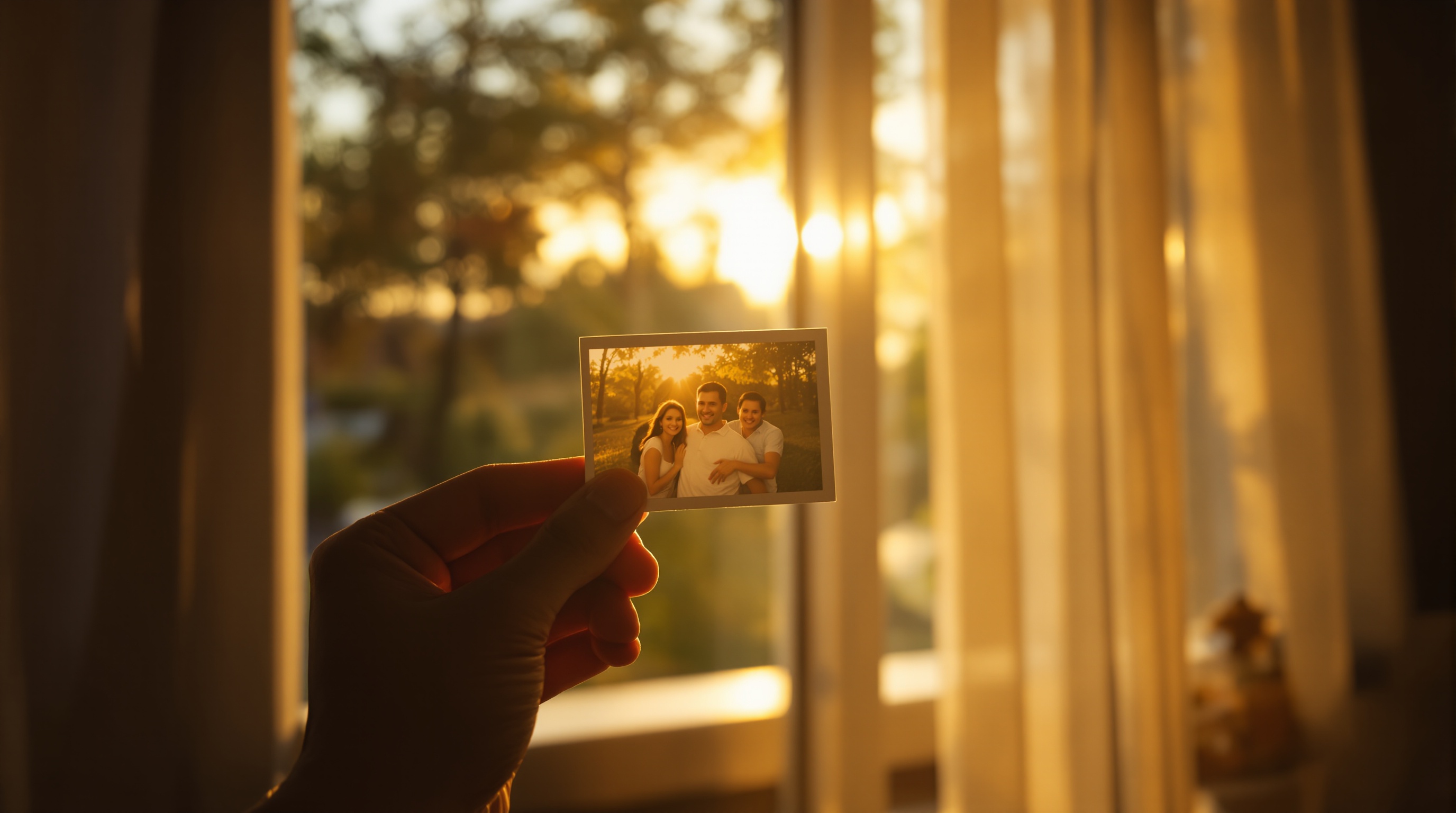 A person holding a printed family photograph in warm natural sunlight near a window, shallow depth of field with bokeh