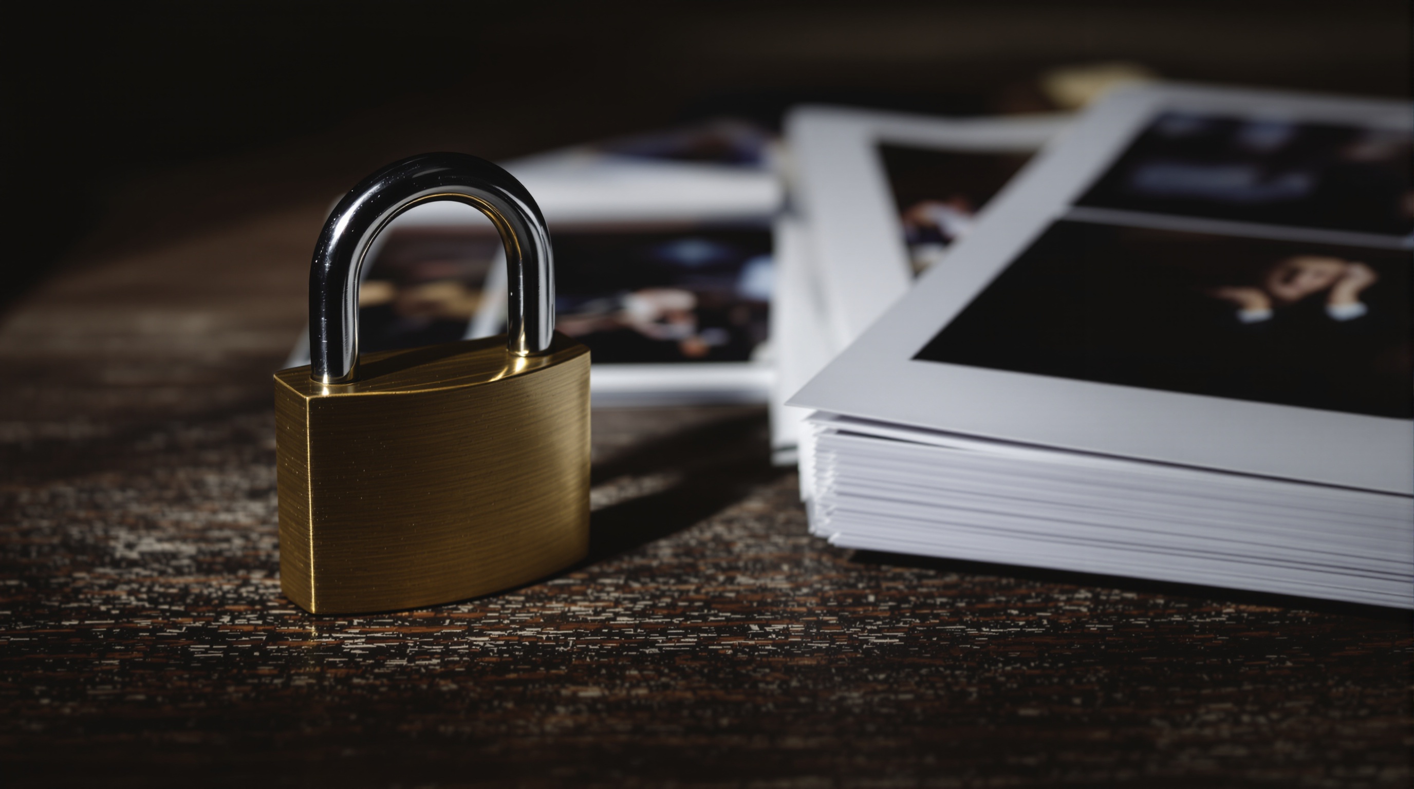 A padlock resting next to a stack of printed photographs on a dark walnut surface, moody directional side lighting