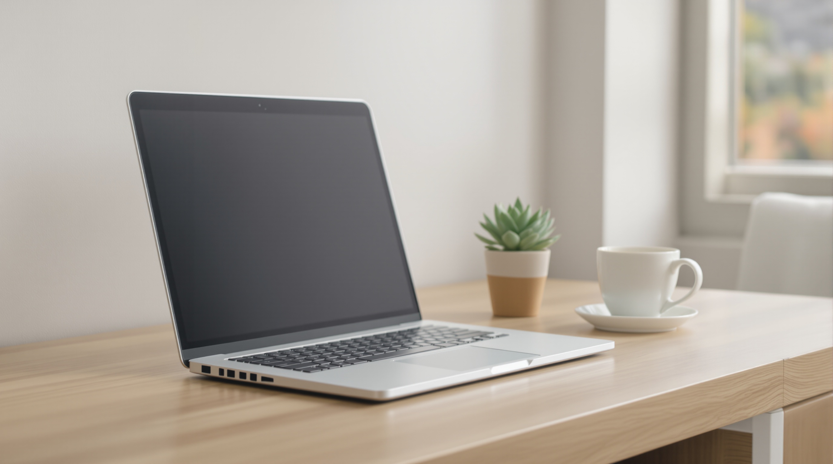 A closed laptop on a wooden desk next to a houseplant and coffee cup in soft window light