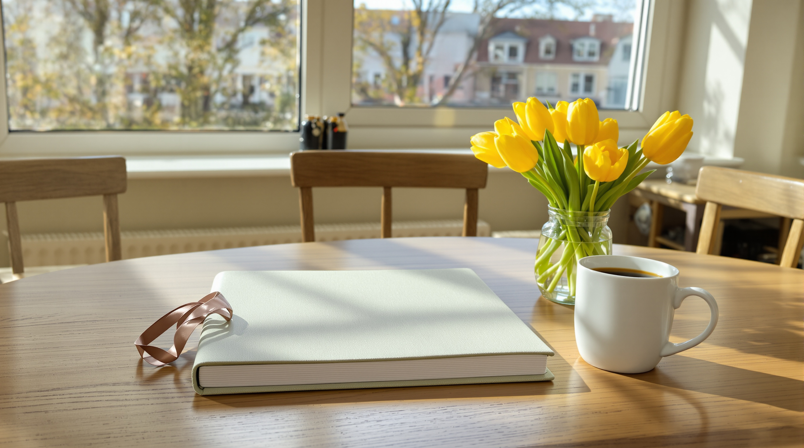 A closed linen photo album on a sunlit kitchen table beside a vase of yellow tulips and a mug of coffee
