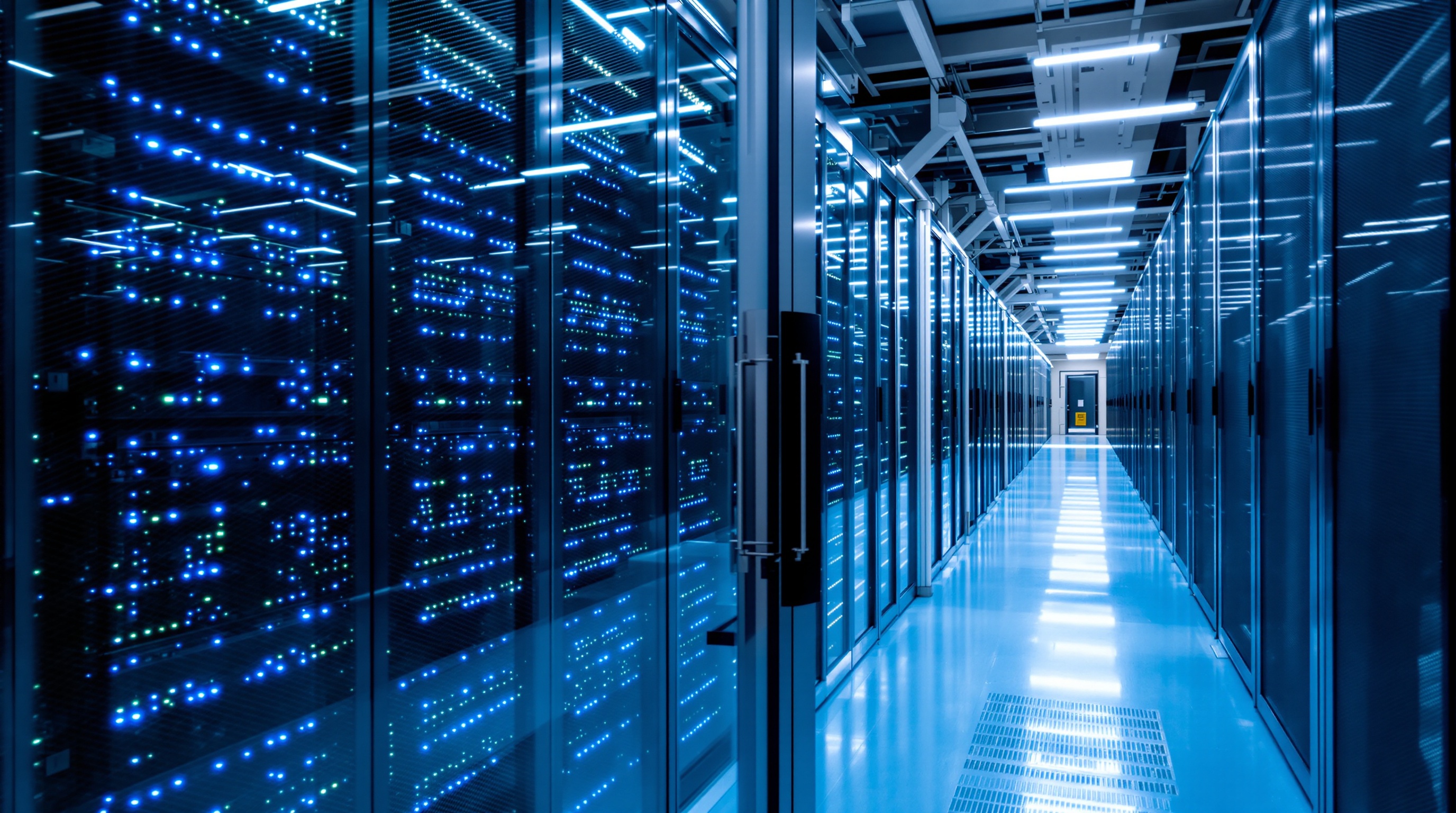 Server racks in a data center hallway with blue LED indicator lights seen through a glass door