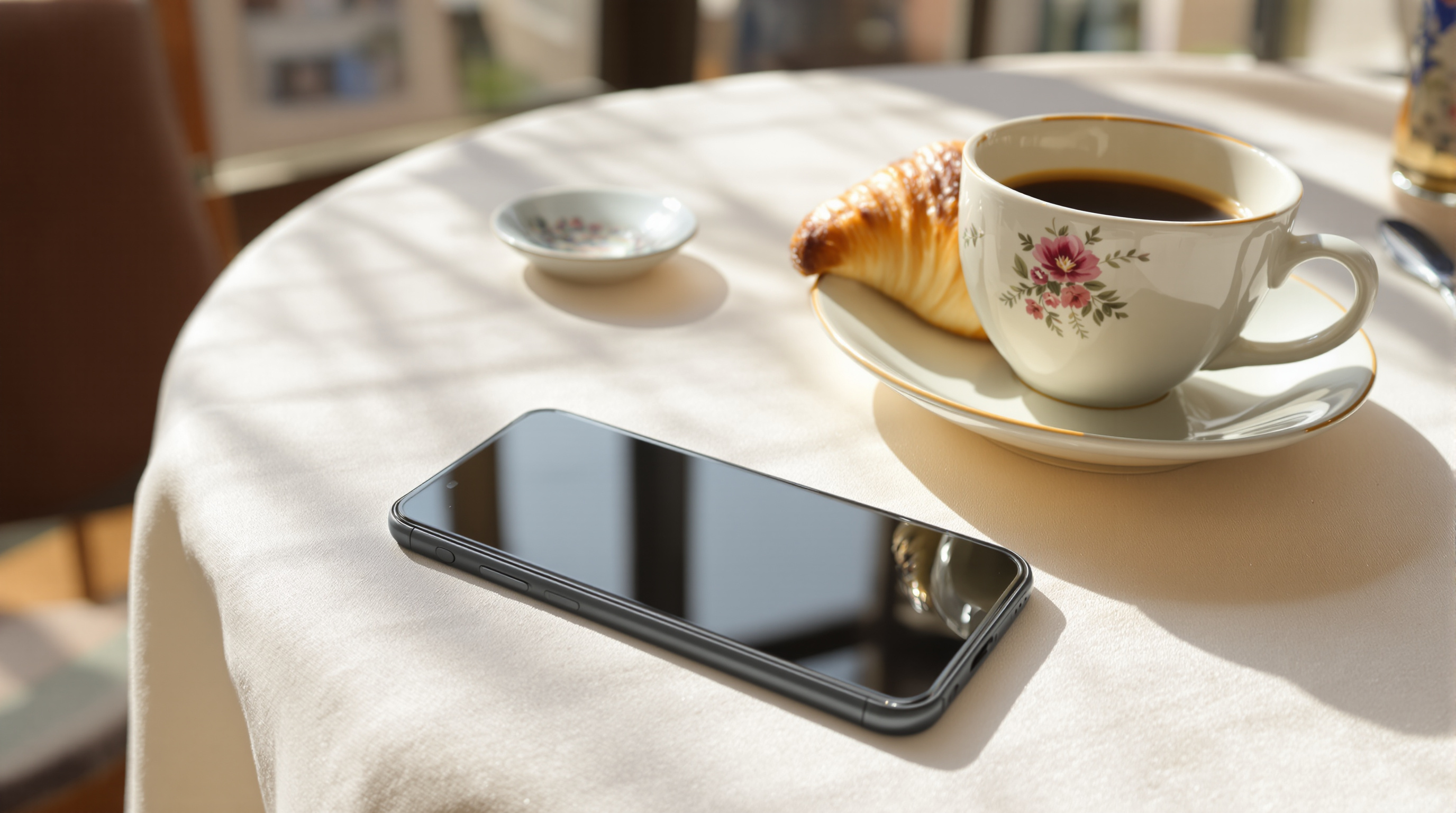 A phone with its screen dark on a linen tablecloth beside a cup of coffee and a croissant in morning sun