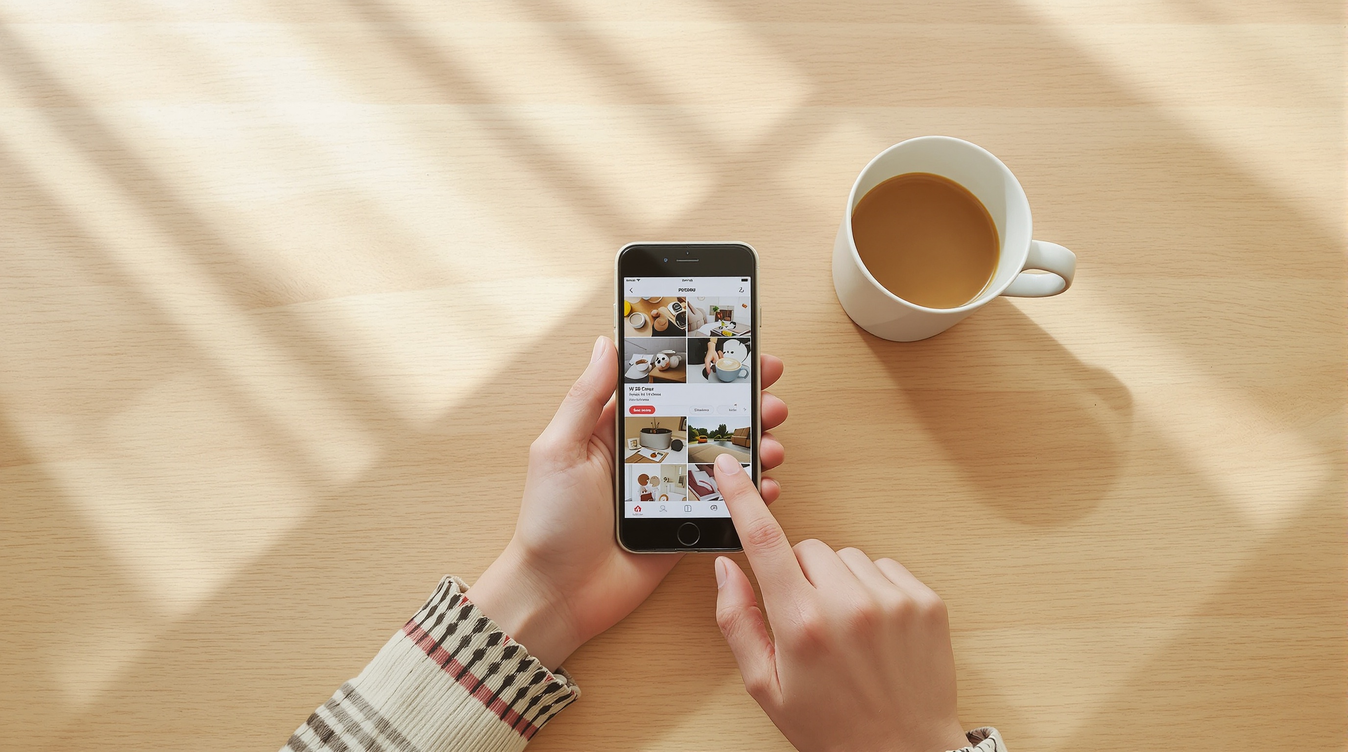 A hand swiping through a phone photo gallery at a kitchen table in morning light