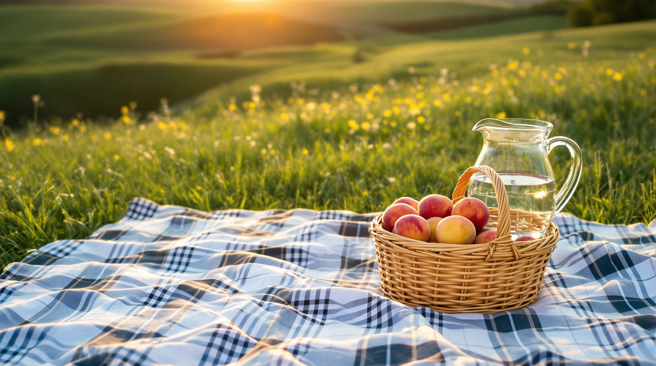 A picnic blanket with a basket of peaches and a water jug on a grassy hill at golden hour