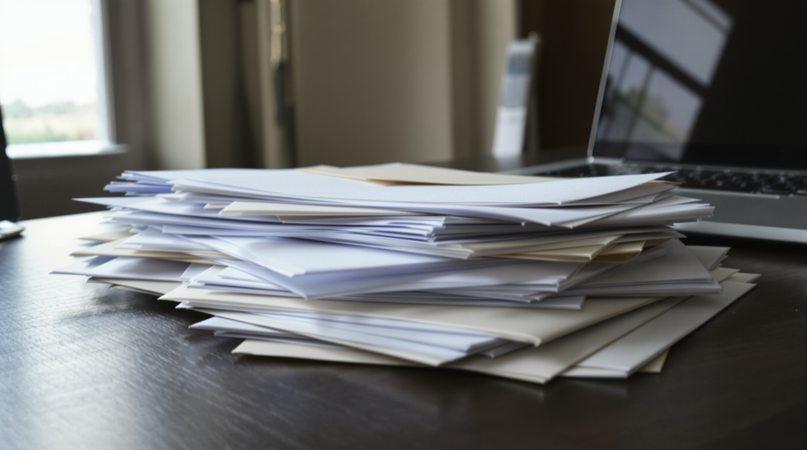 A stack of legal documents on a desk next to a laptop showing a social media interface, shot with natural window light