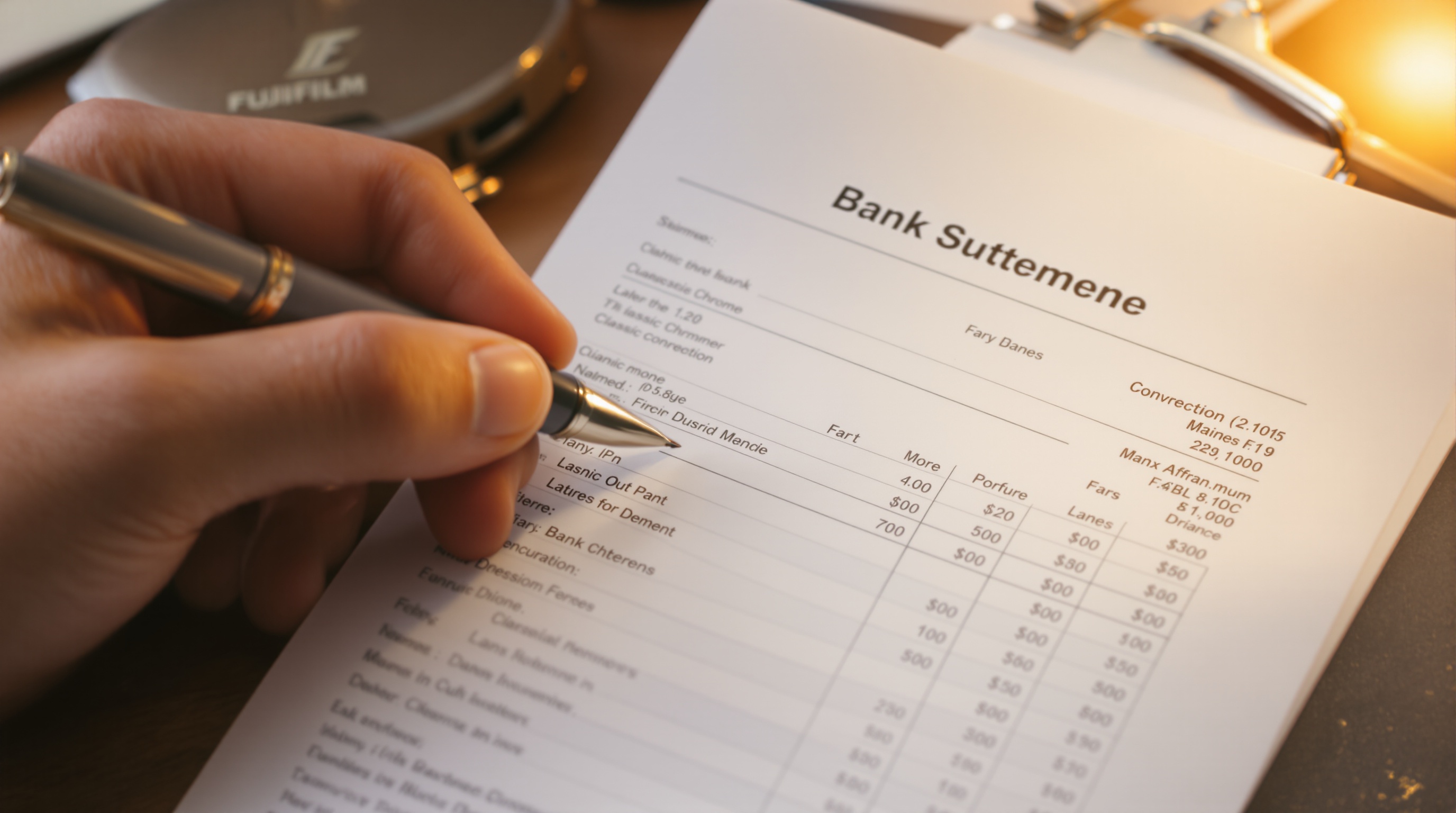 Close-up of a person reviewing a printed bank statement with a pen, overhead angle with warm desk lamp lighting