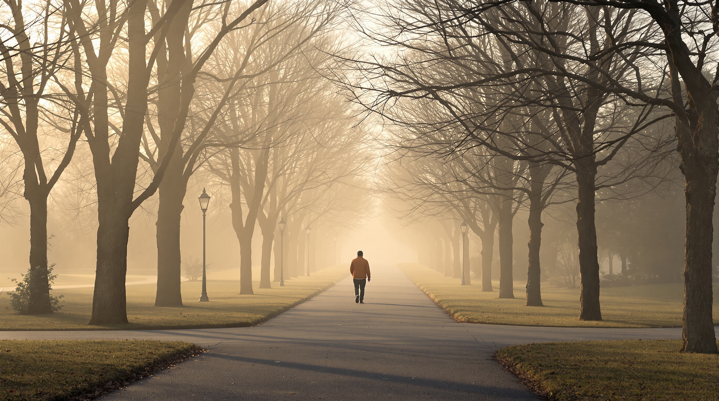 A person walking through a park, seen from behind, morning fog diffusing the light between trees