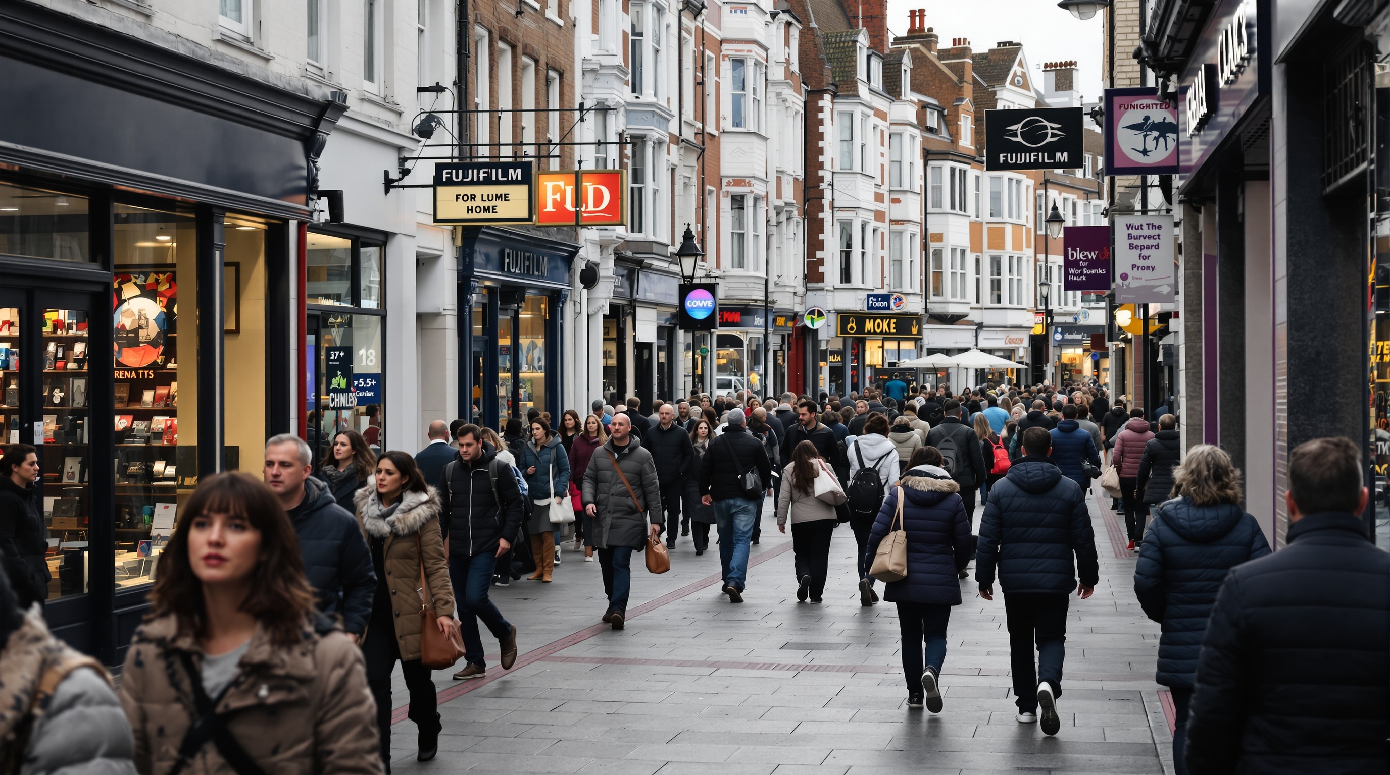 A busy pedestrian street in a UK city center, people walking past shops on an overcast afternoon