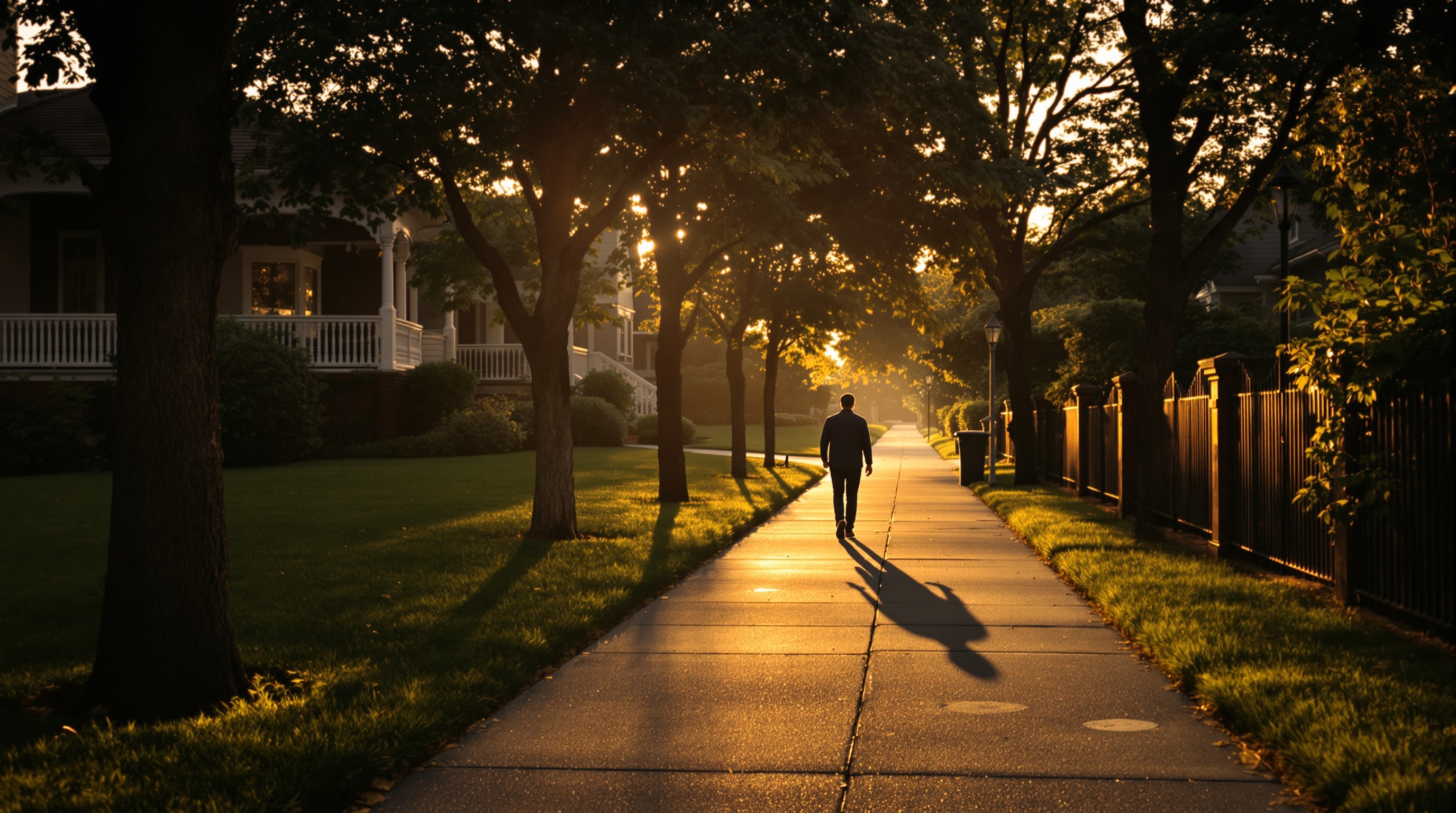 A person walking away from camera down a quiet residential street at dusk, warm tones