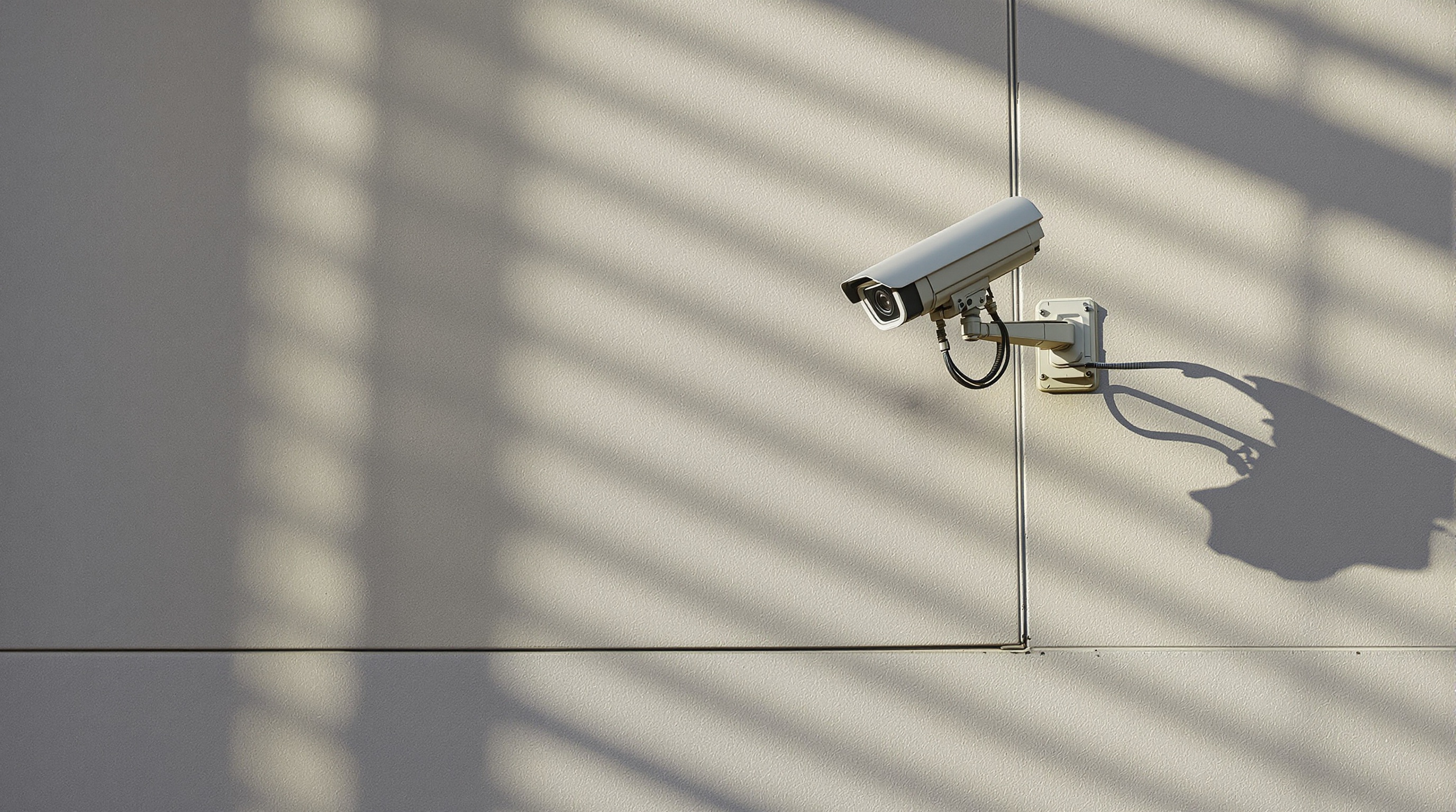 A surveillance camera mounted on a concrete wall with stark shadows, documentary style