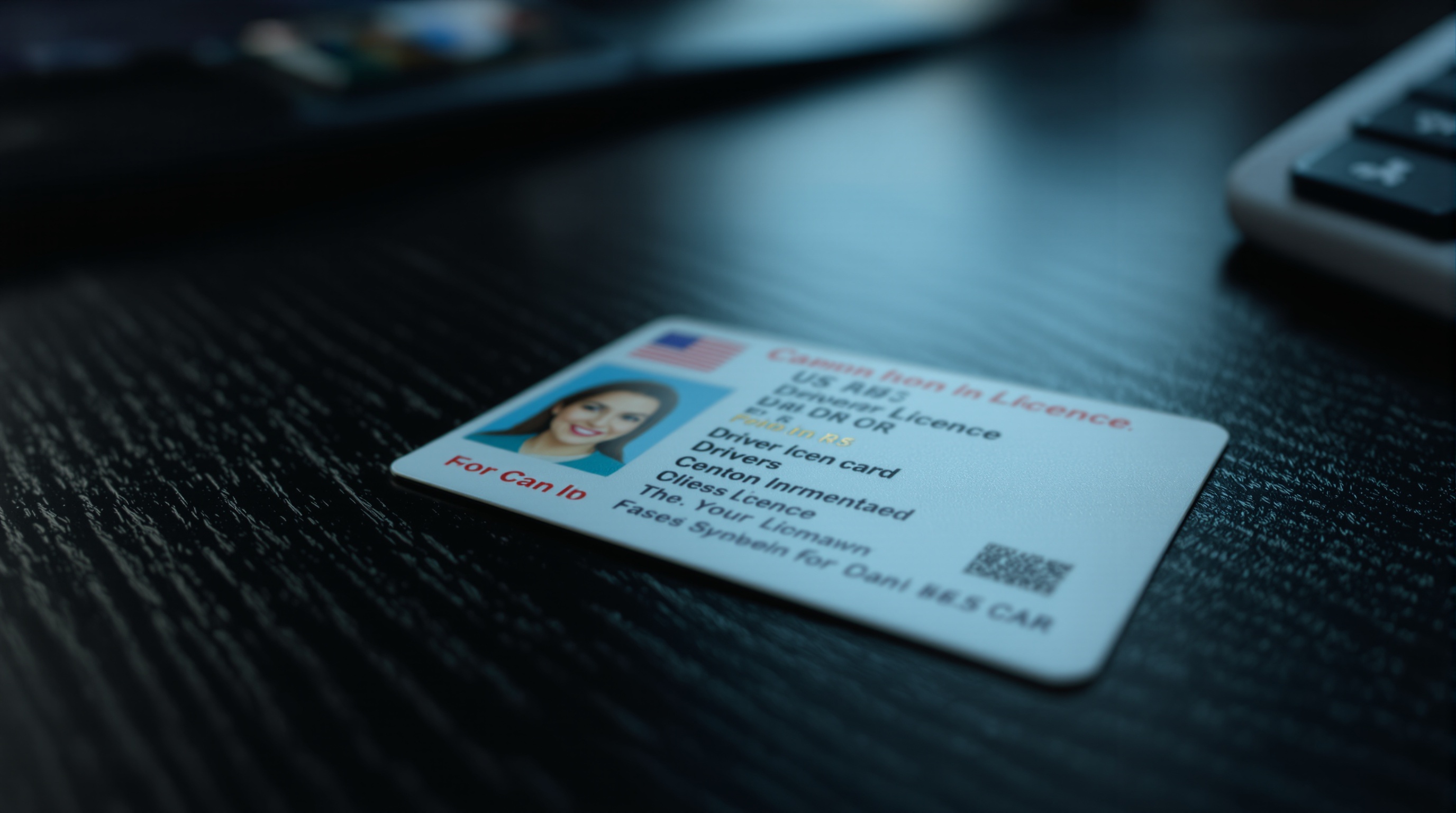 A close-up of a driver's license with the photo area visible, sitting on a dark desk under office lighting