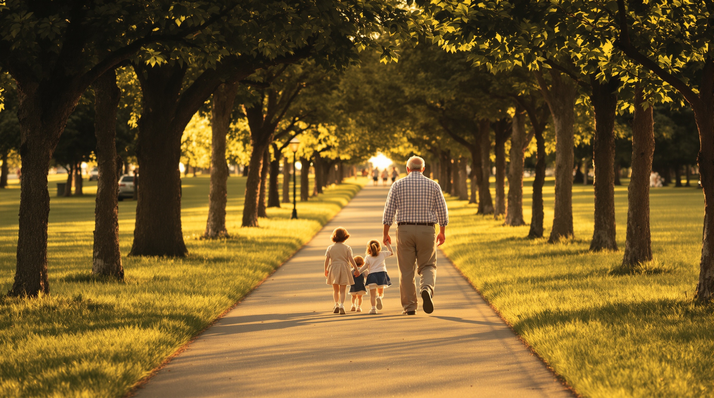 Grandparents and grandchildren walking away together down a tree-lined park path in golden-hour light