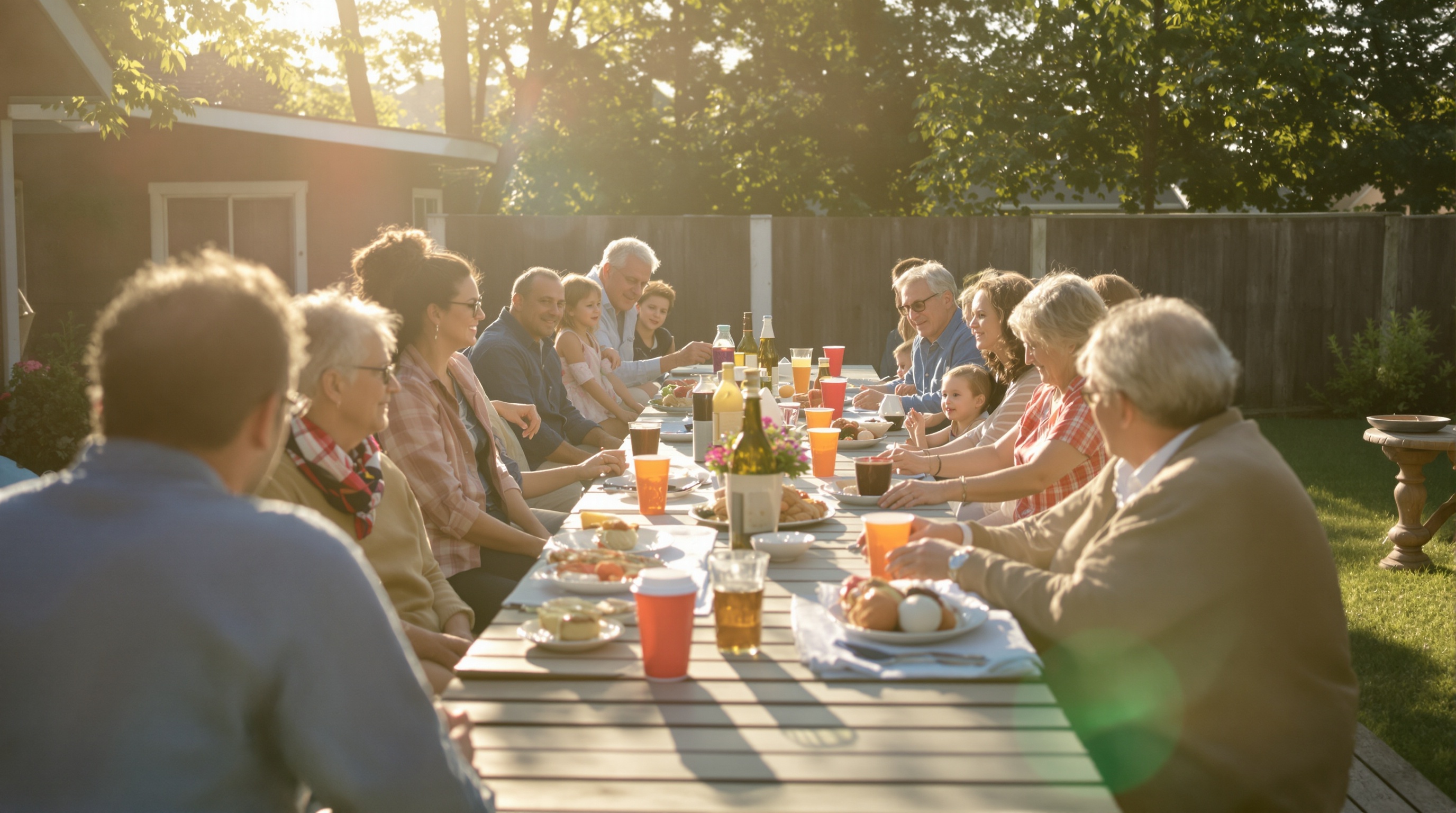 Three generations of a family gathered around a long picnic table in a sunlit backyard, seen from behind in warm late-afternoon light