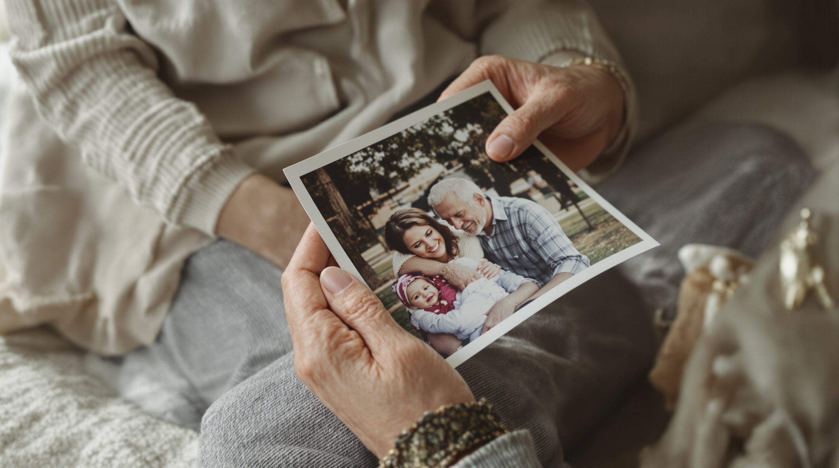 An older woman's hands holding a printed family photograph on her lap in soft window light