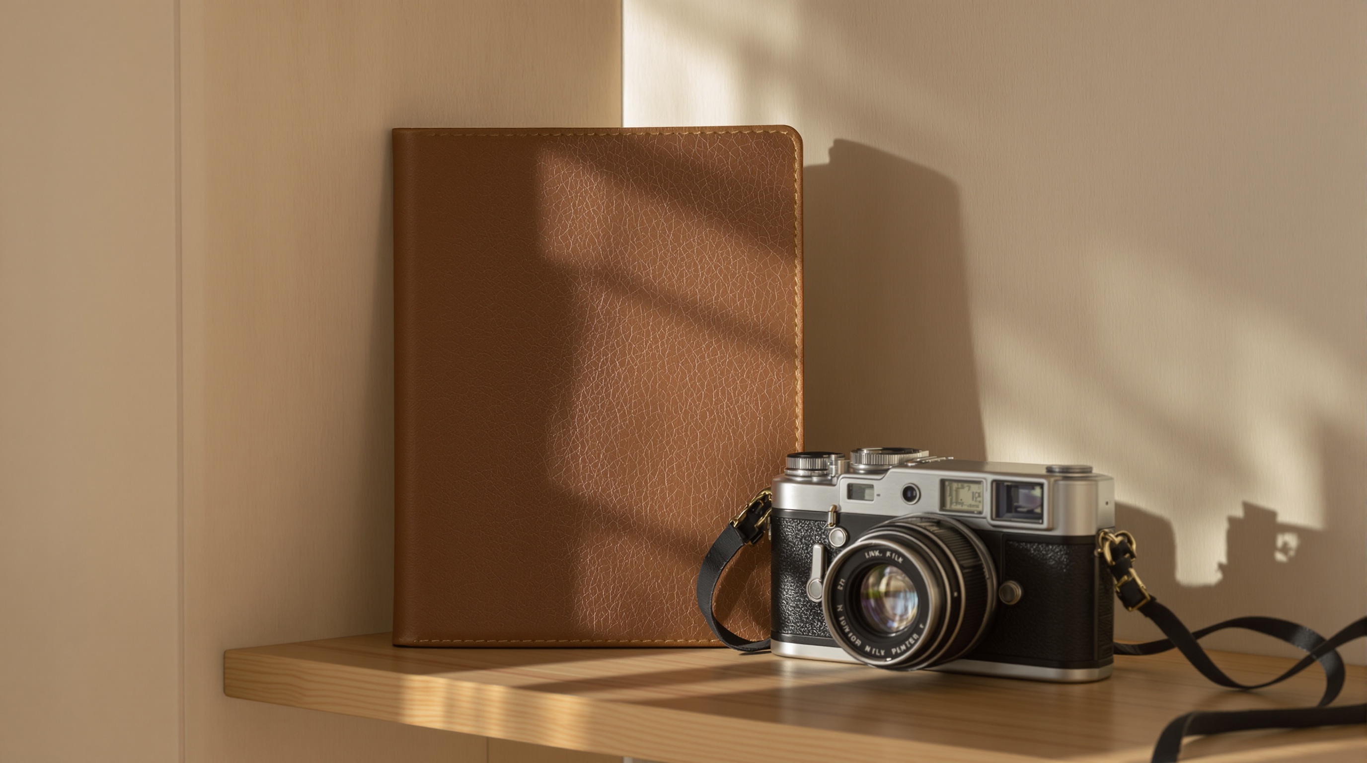 A closed leather journal and a vintage film camera on a wooden shelf, soft diffused natural light, muted warm tones, shot on Nikon Z6 with 40mm f/2, slight vignetting