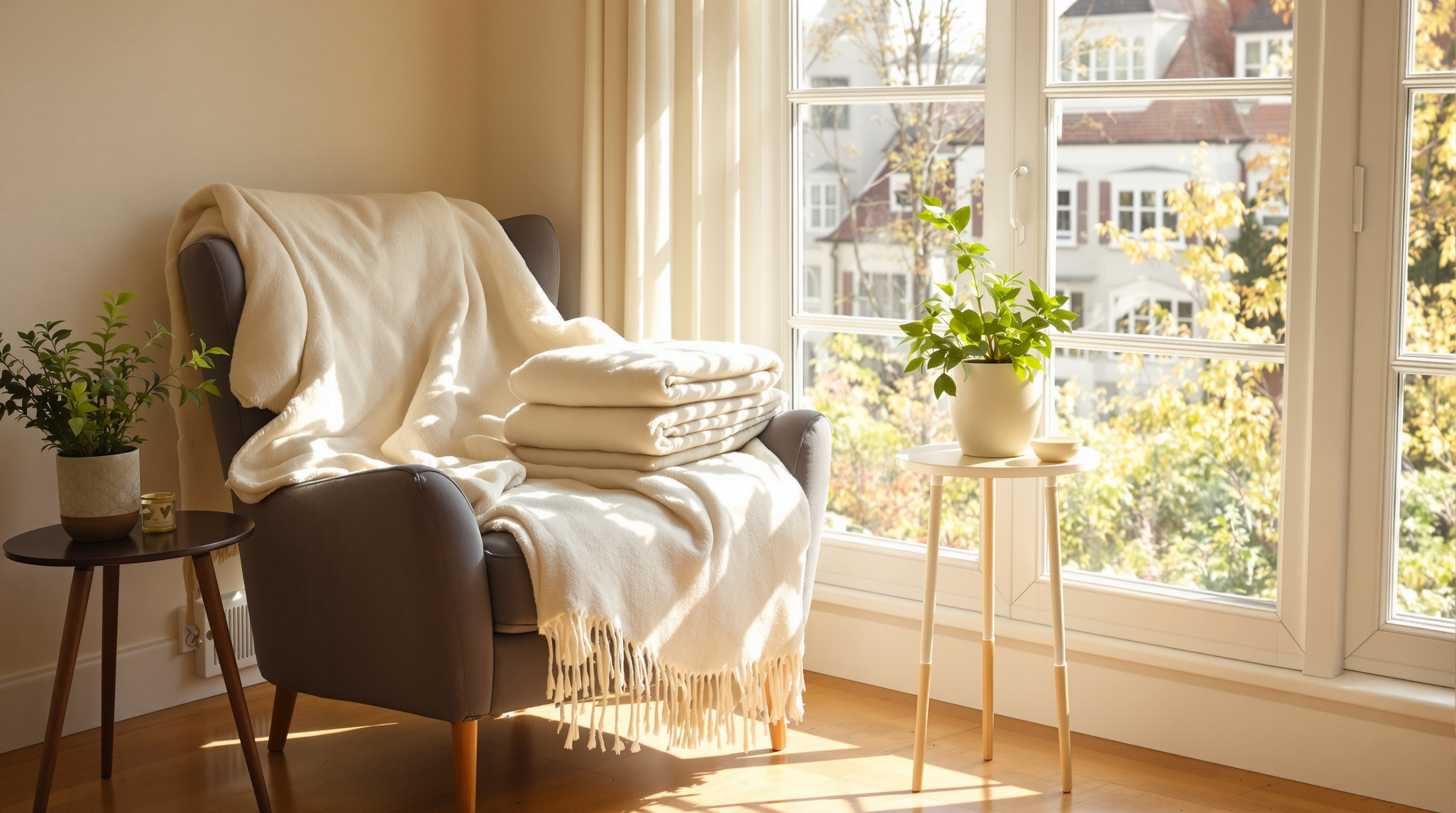 An armchair with a cream wool blanket beside a large sunny window