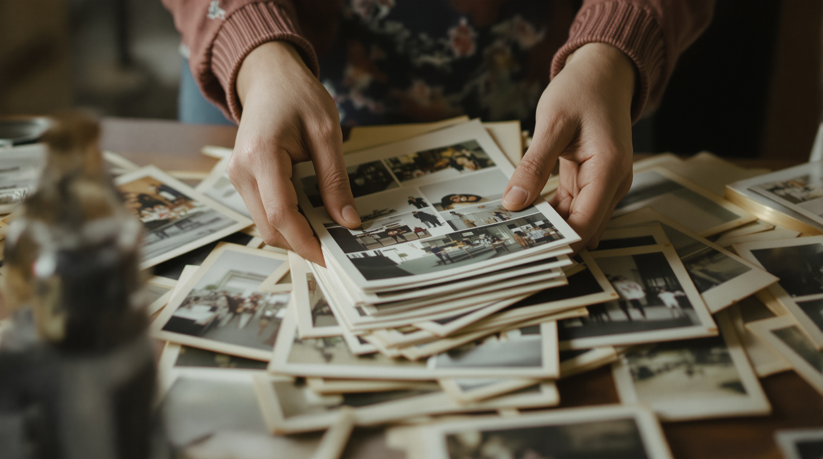 A person's hands holding a stack of old printed photographs over a kitchen table, natural window light, shallow depth of field f/1.8, warm nostalgic tones, shot on Sony A7III with 85mm lens, slight film grain