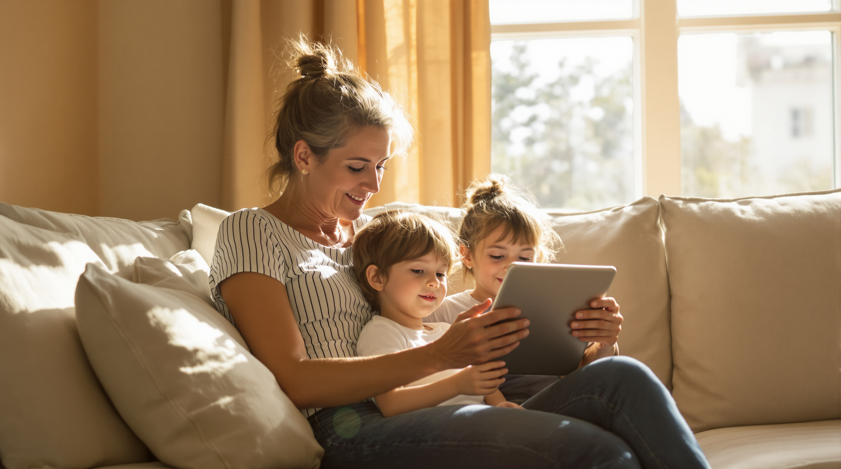 A woman and two children on a sofa, all looking down at a tablet held between them, warm afternoon sun through a tall window