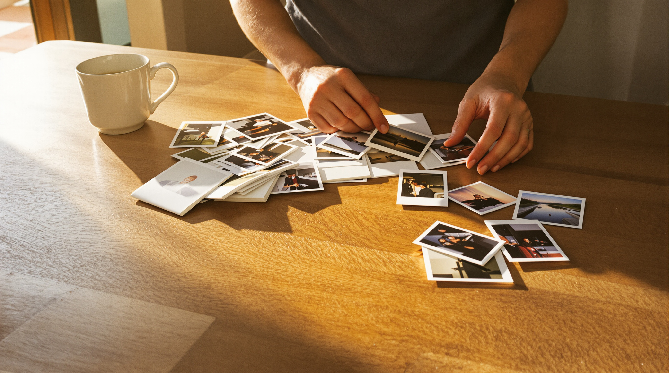 Hands sorting a scatter of printed photographs across a warm oak table beside a ceramic mug, low sun falling through a window