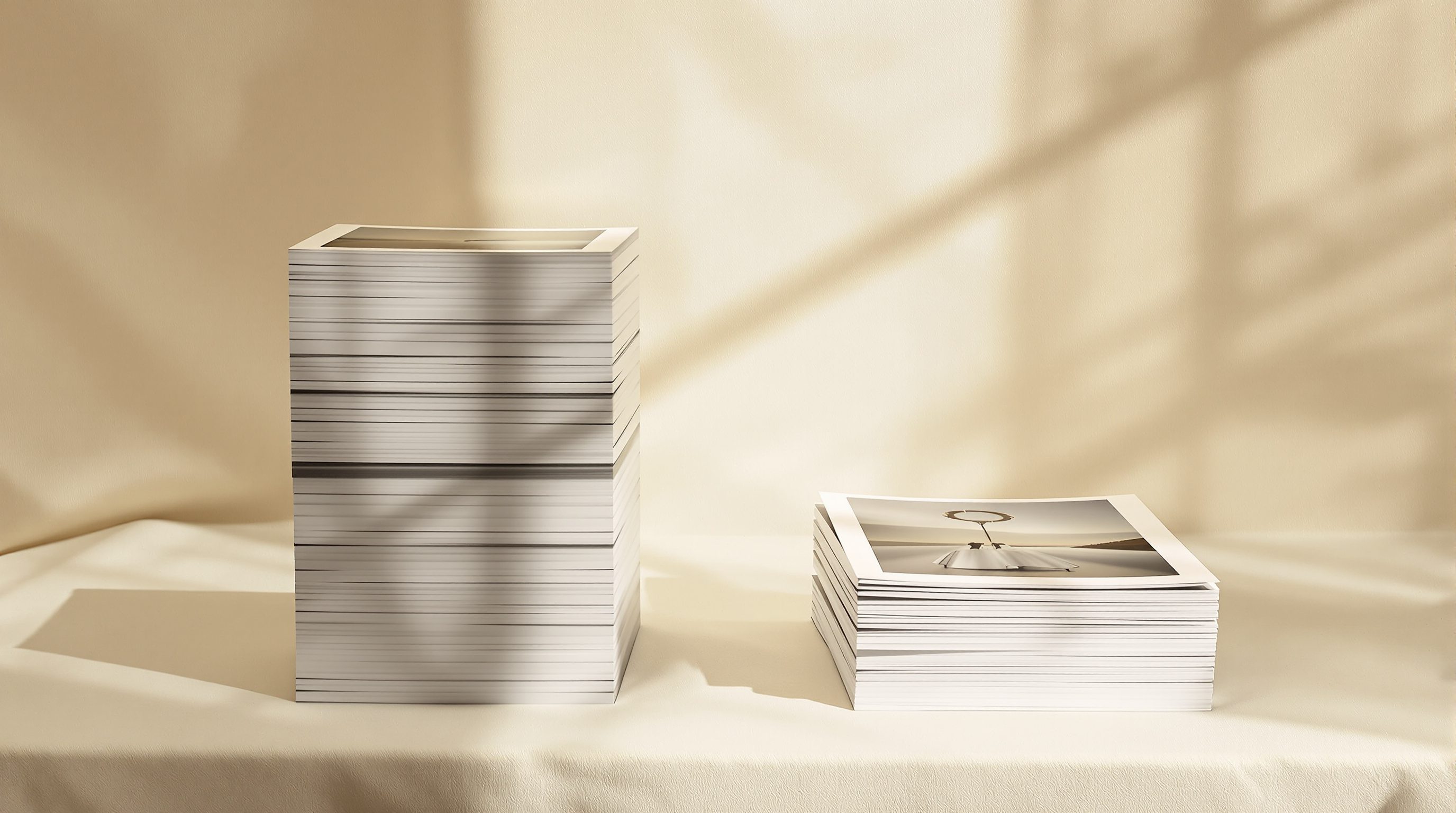 A tall stack of printed photographs on pale linen beside a stack a fraction of its height, bright window light across both