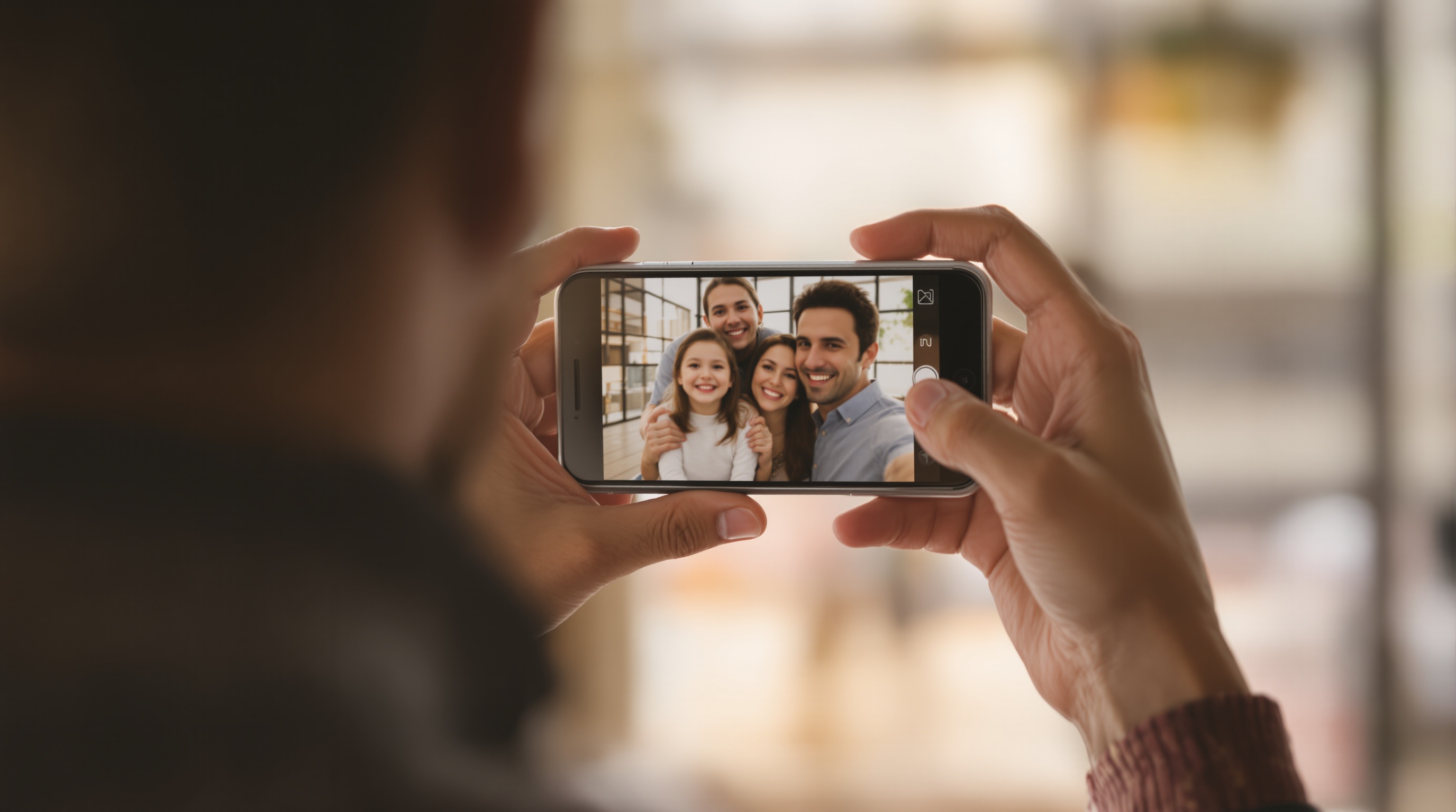 Person holding a smartphone with a blurred family photo on screen, soft window light, shot on Fujifilm X-T5 with 35mm f/1.4, warm ambient tones